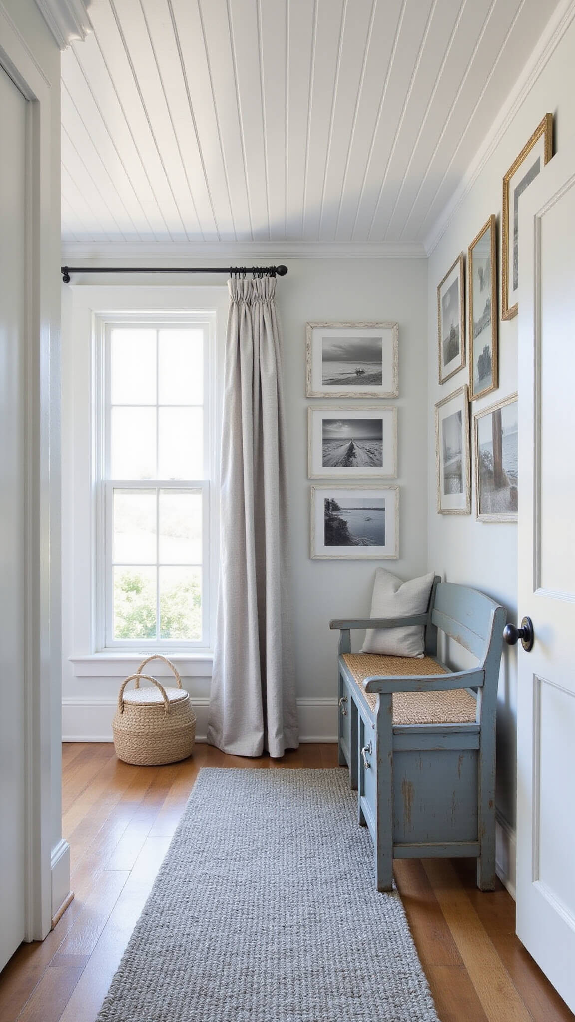 Cozy coastal cottage entry with vintage blue bench, beach photo gallery wall, and soft wool rug in muted coastal tones.