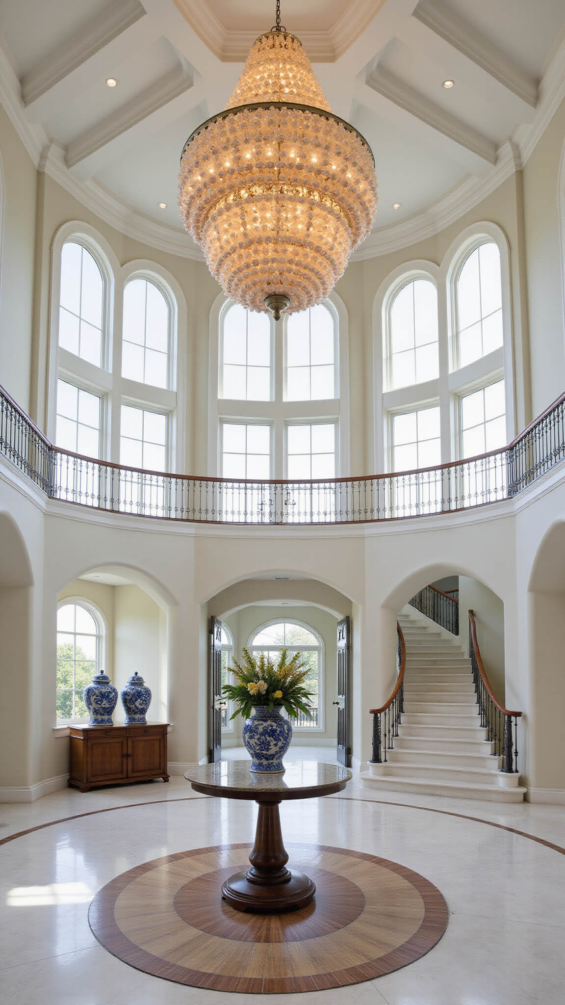 Grand two-story coastal foyer with curved staircase, shell chandelier, ginger jars, and compass rose marble floor viewed from above.
