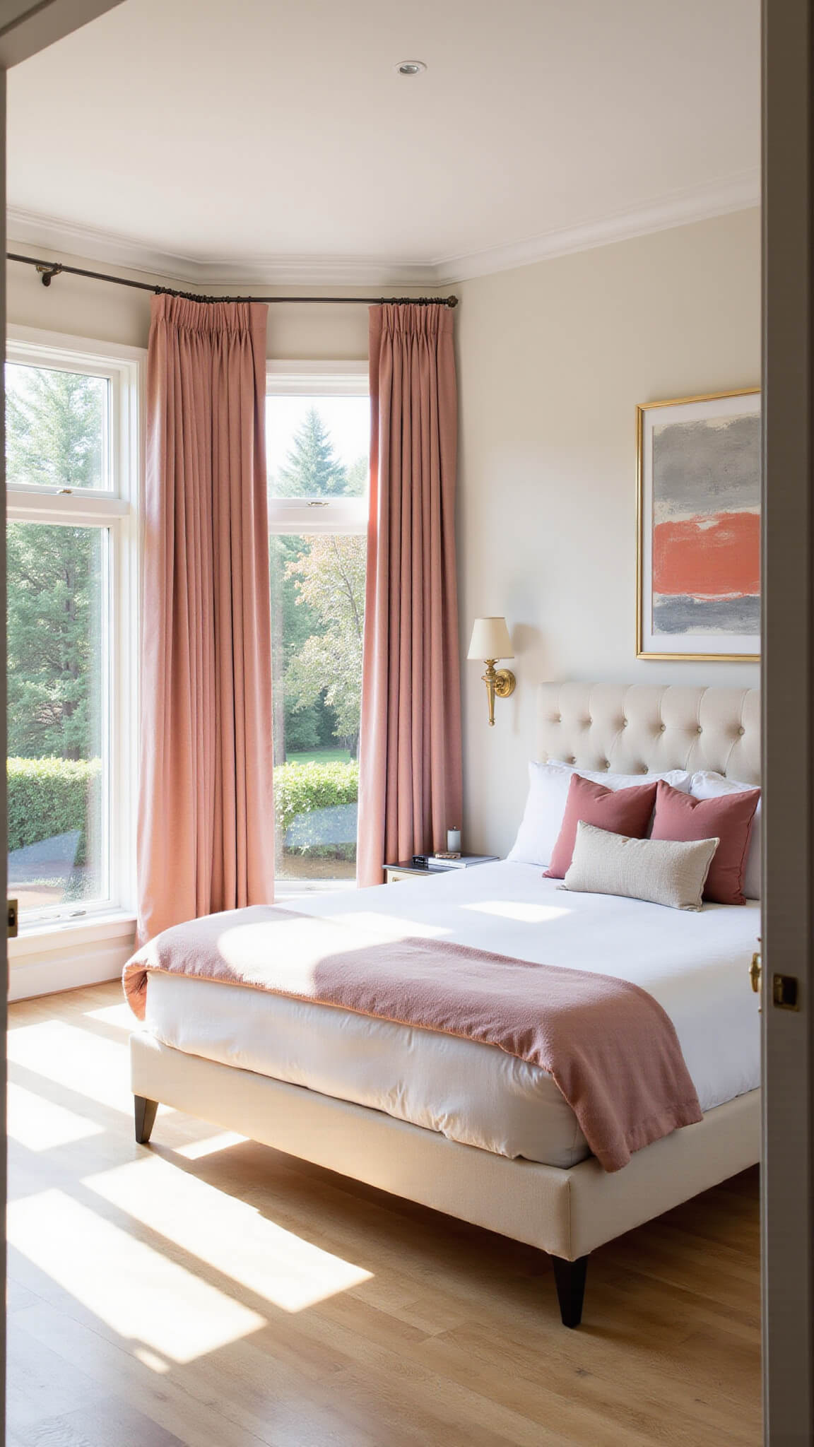 Sunlit master bedroom with blush velvet curtains, cream king bed, and soft feminine modern decor.