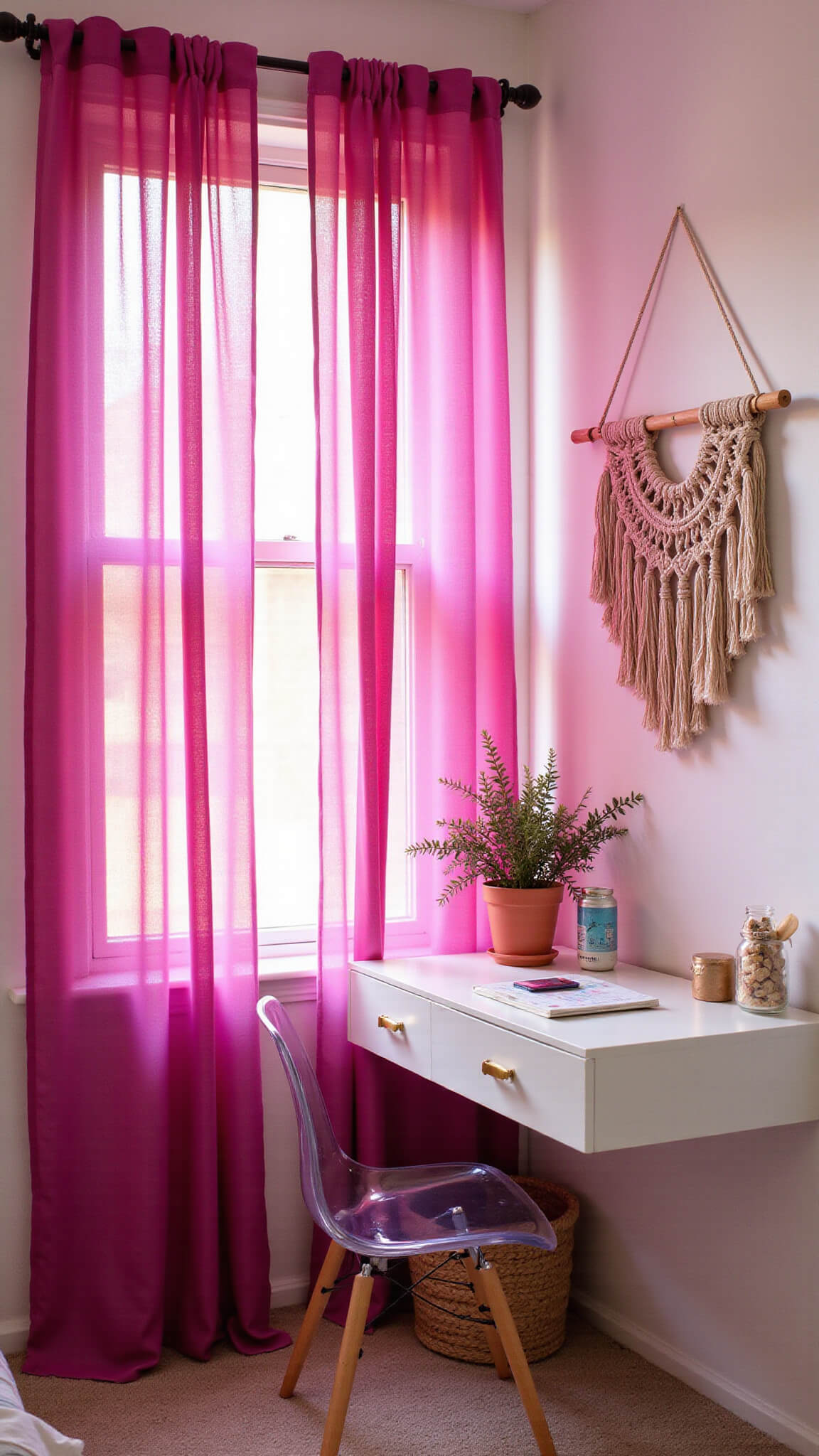 Teen bedroom corner with floor-to-ceiling fuchsia ombré curtains, white floating desk and ghost chair, macramé wall hanging, and late morning light casting gradient shadows.