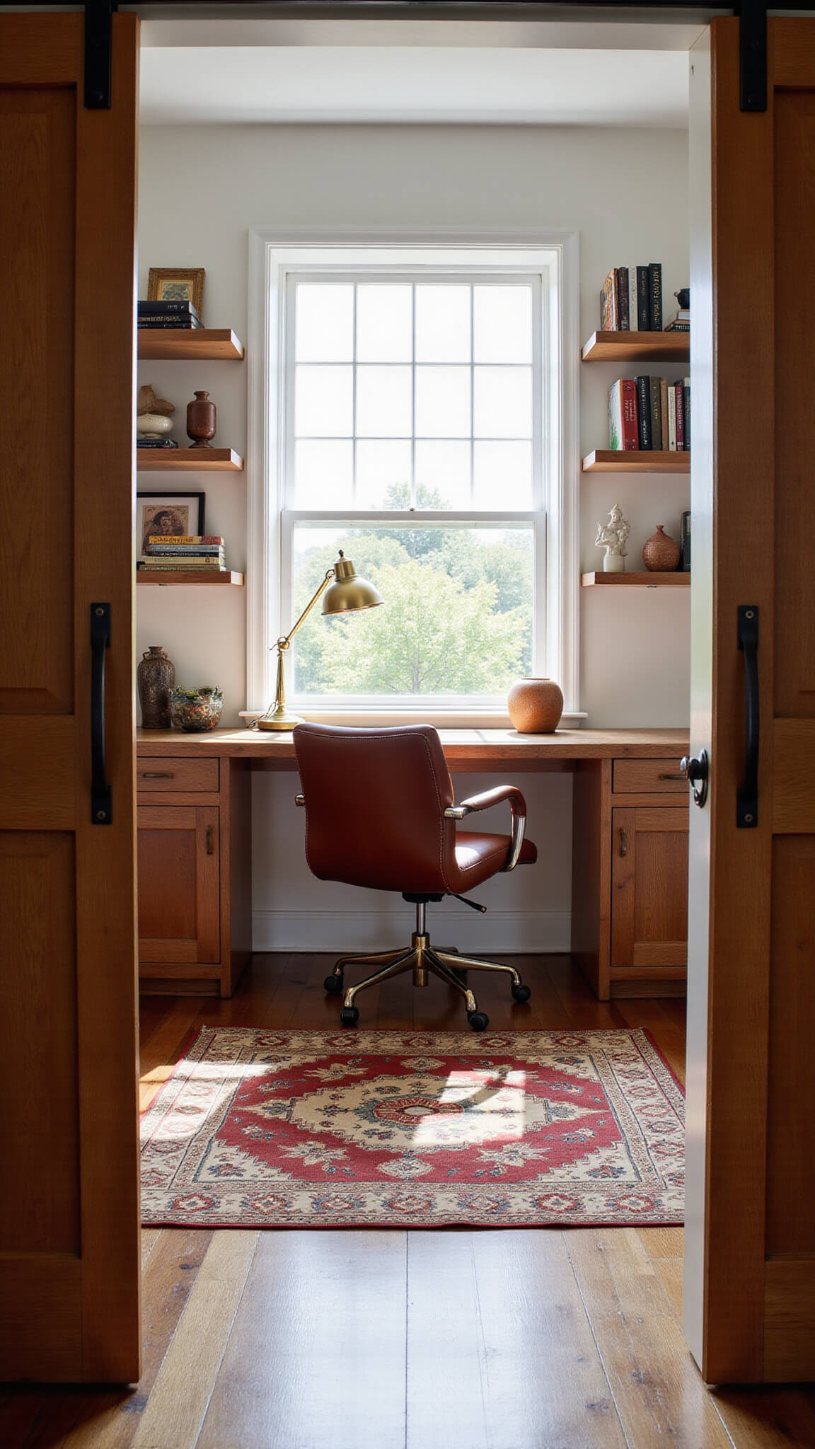 Home office with barn door entrance, built-in desk under window, floating shelves, leather chair, brass lamp, and vintage rug basking in afternoon light.
