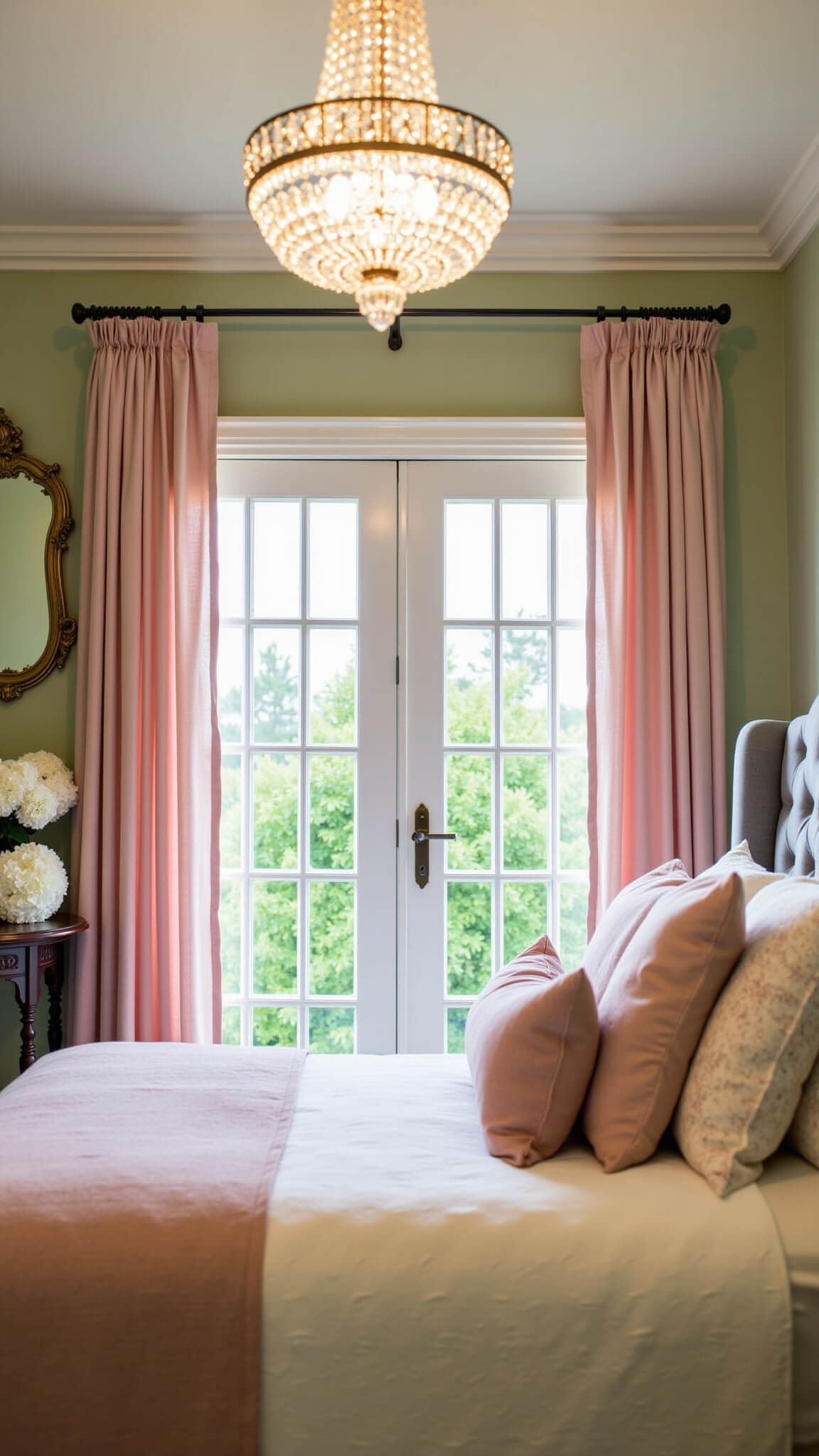 Romantic guest bedroom with pink curtains, crystal chandelier, tufted grey bed, and sage green walls at dusk.