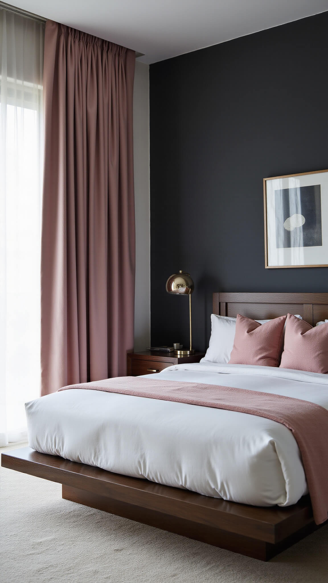 Contemporary primary bedroom with dusty pink silk curtains, charcoal walls, dark wood platform bed with white bedding and pink geometric pillows, chrome floor lamp, minimalist art, and dramatic morning light shadows.