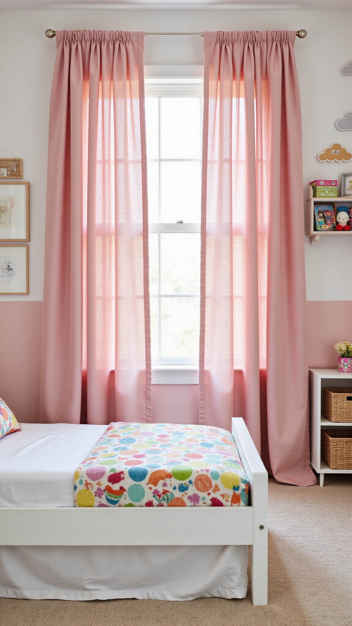 Children's bedroom with pink polka dot curtains, white twin bed with rainbow bedding, floating bookshelves, toy baskets, and pink accent wall with cloud decals.