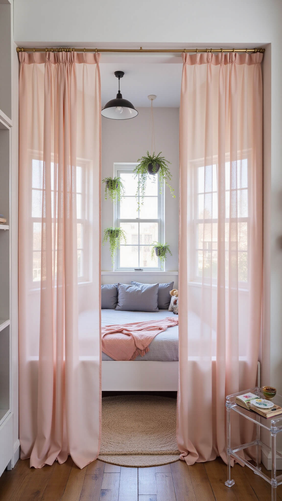 Studio apartment bedroom nook with Murphy bed, sheer pink curtains, lucite side table, hanging plants, and mixed metallic accents in urban minimalist style.