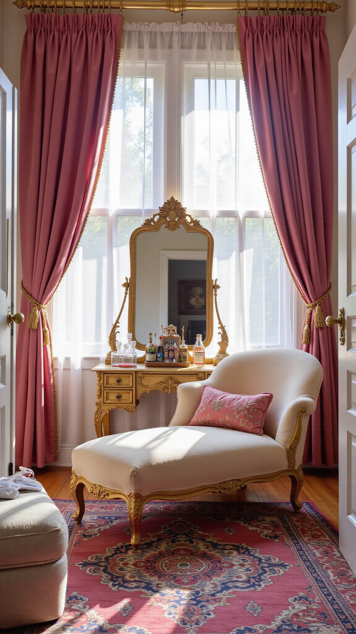 Vintage boudoir with pink velvet curtains, cream chaise lounge, gold mirror, and crystal prisms casting rainbows.
