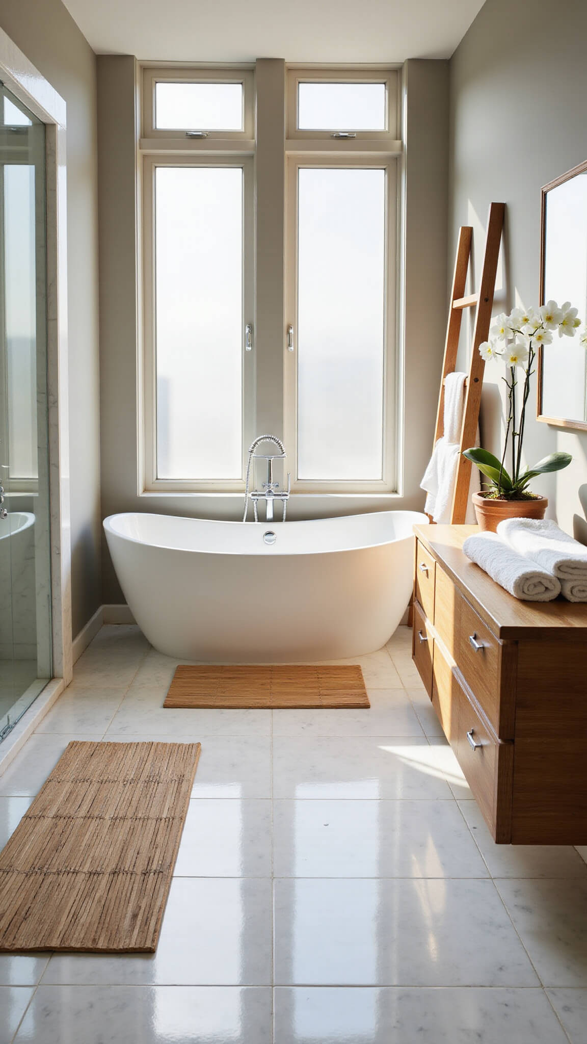Sunlit contemporary bathroom with freestanding tub, marble tiles, bamboo accents, frosted windows, and a floating teak vanity with potted orchid.
