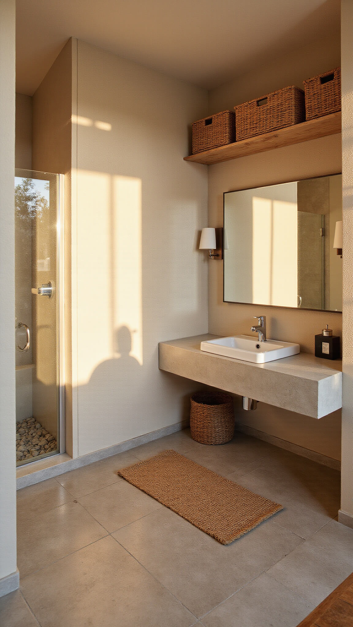Wide-angle view of a minimalist zen bathroom with warm beige plaster walls, pebble-lined shower, limestone tiles, concrete vanity, bamboo storage, and soft golden hour light filtering through a rice paper screen.