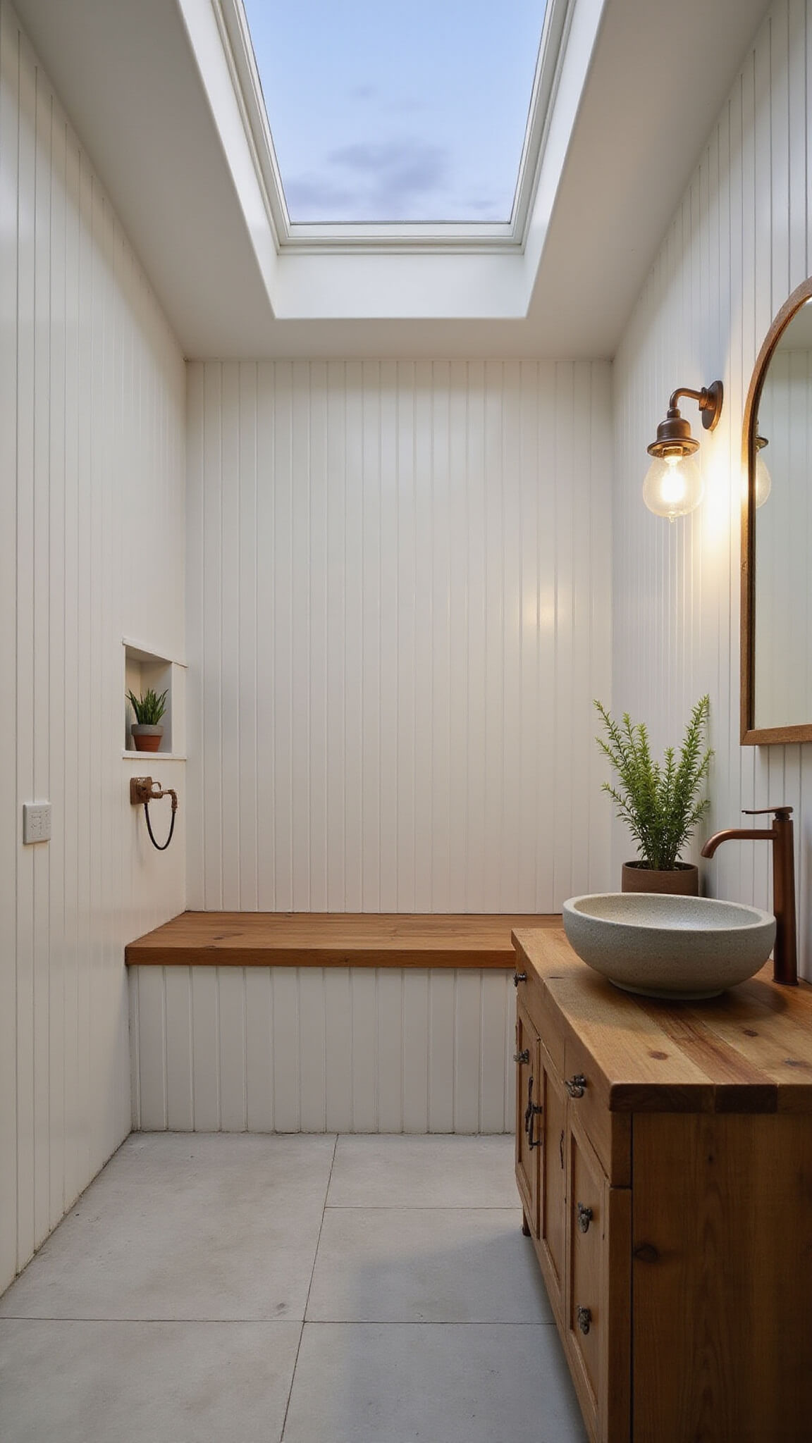Low-angle view of serene bathroom with teak bench under skylight, copper rain shower, stone sink on reclaimed wood vanity, and bamboo plants against white shiplap walls.