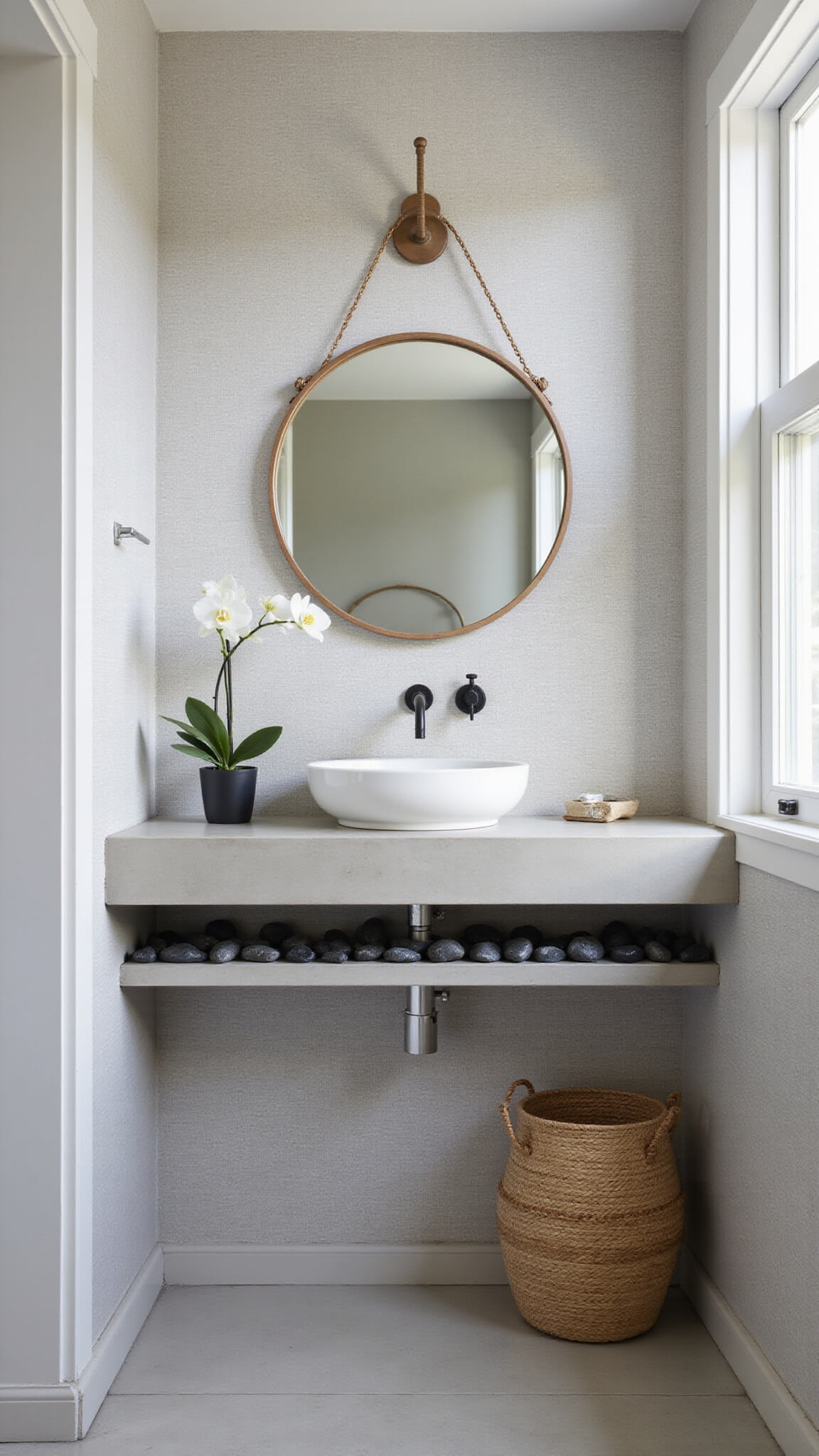 Minimalist zen powder room with grey grasscloth walls, concrete floating vanity, backlit circular mirror, black river rocks, and orchid on shelf.