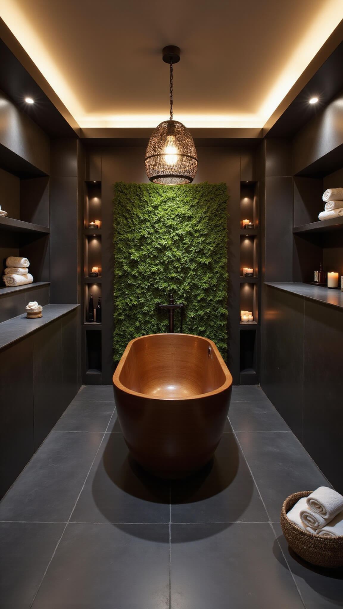 Spa-inspired bathroom with black slate tiles, wooden soaking tub under chandelier, moss wall, and built-in niches with towels and crystals.