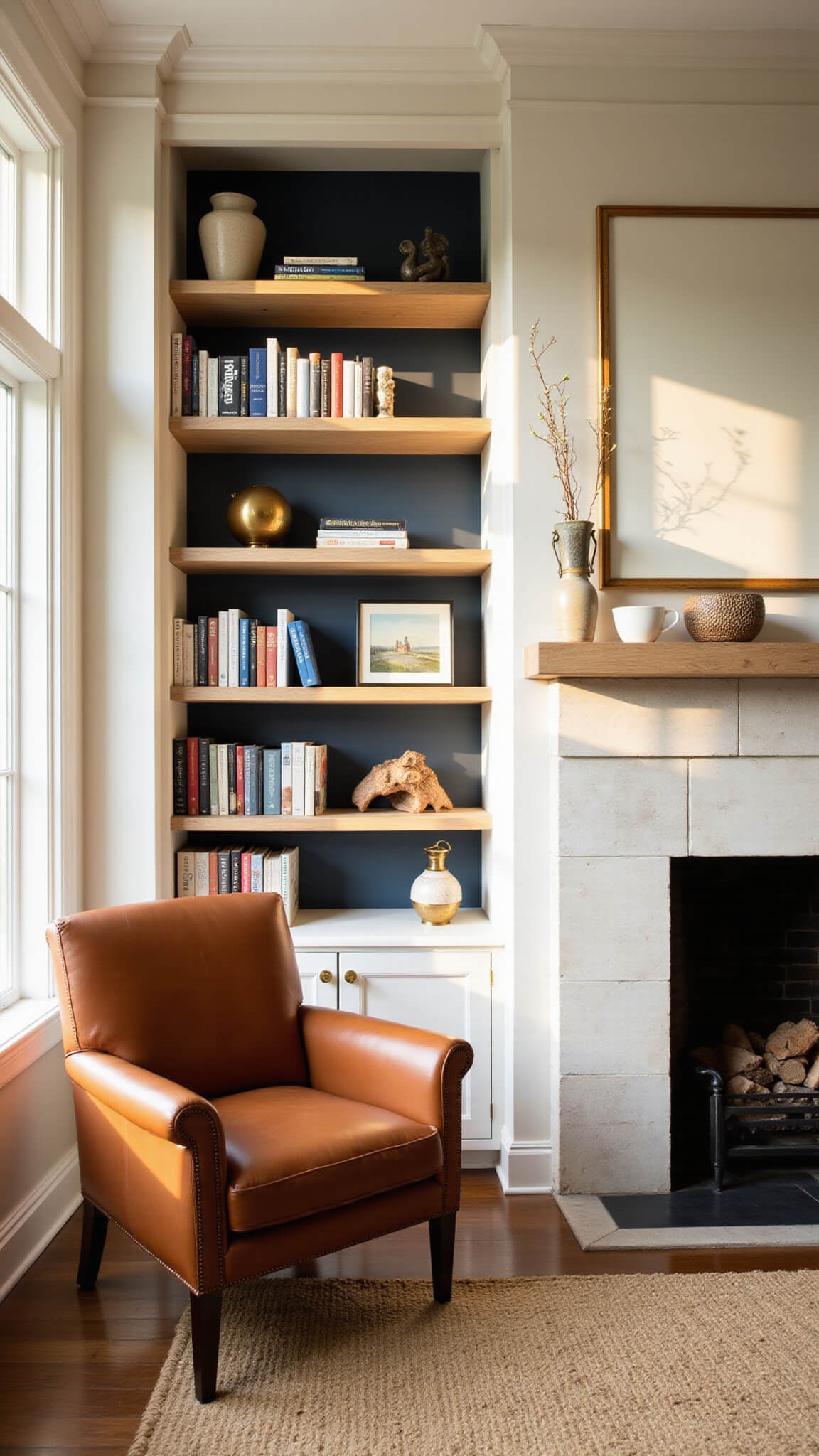 Sunlit living room with whitewashed oak bookshelves, brass accents, and color-organized books beside a limestone fireplace; focus on left bookcase detail.