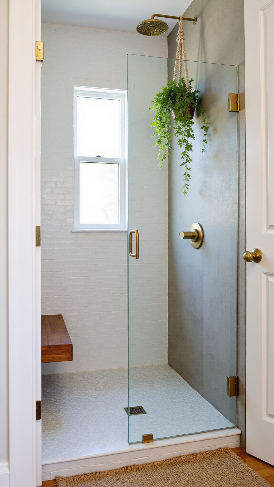 Minimalist bright bathroom with clear glass shower, teak bench, white penny tile floor, concrete walls, brass fixtures, hanging fern, and natural sisal rug.