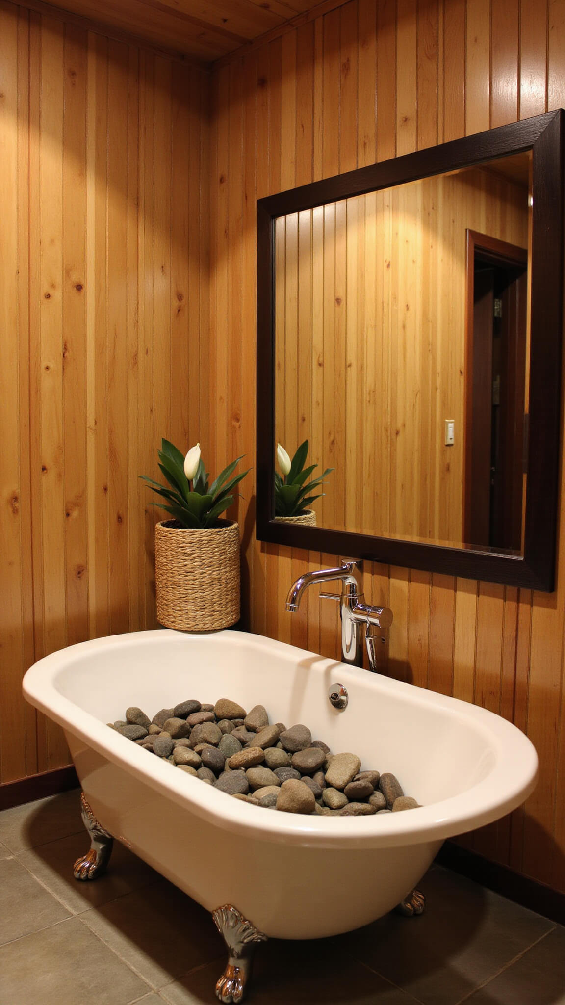 Twilight aerial view of master bathroom with Japanese soaking tub, cedar plank walls, river rock surround, brushed nickel tub filler, woven baskets, and peace lily reflected in large mirror.