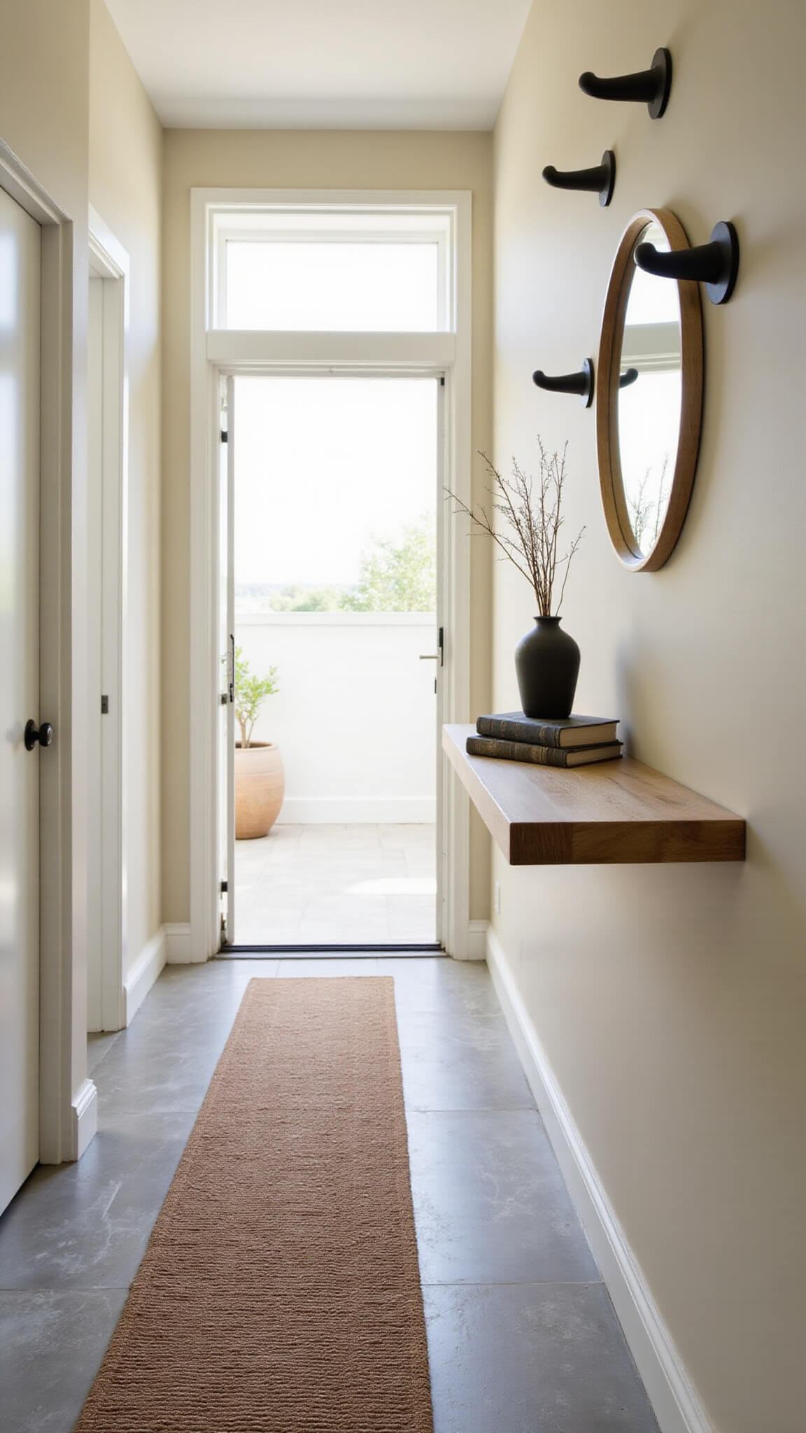 Minimalist 6x4ft entryway with floating bleached oak console, brass mirror, matte black hooks, cream walls, gray geometric tiles, and terra cotta runner in soft morning light.