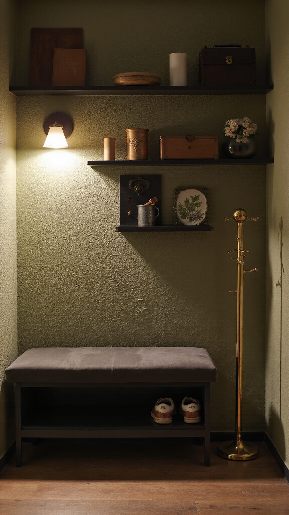 Cozy entryway at golden hour with charcoal velvet bench, hidden shoe storage, sage green grasscloth walls, warm LED lighting, floating black shelves, and vintage brass coat rack.