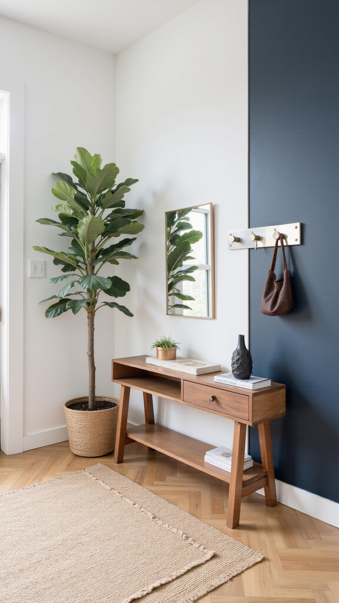 Modern entryway with jute rug, walnut and brass console, fiddle leaf fig, mirror wall hooks, and navy accent wall.
