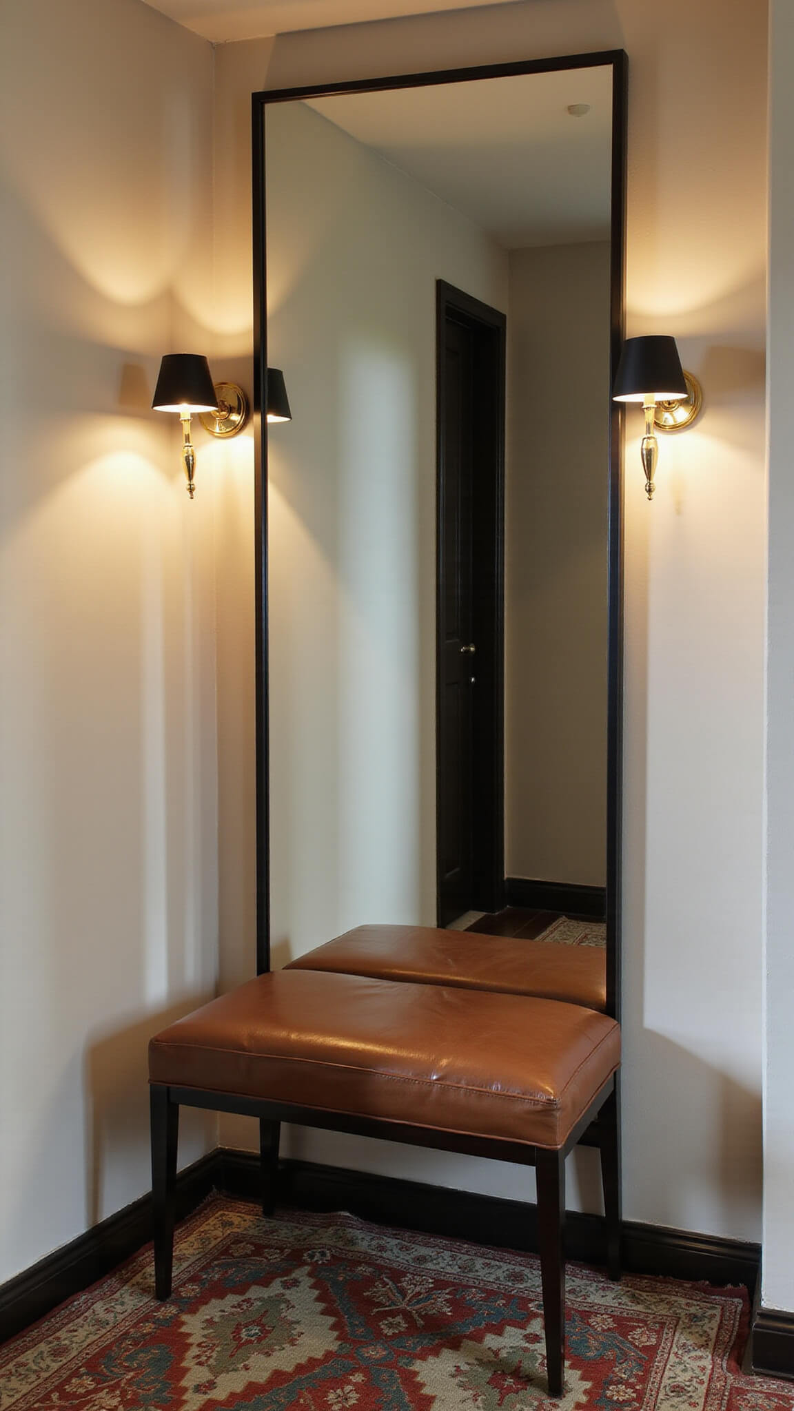 Elegant evening entryway with floor-to-ceiling mirror, cognac leather bench, warm ivory plaster walls, vintage kilim runner, and moody lighting from dimmable sconces.