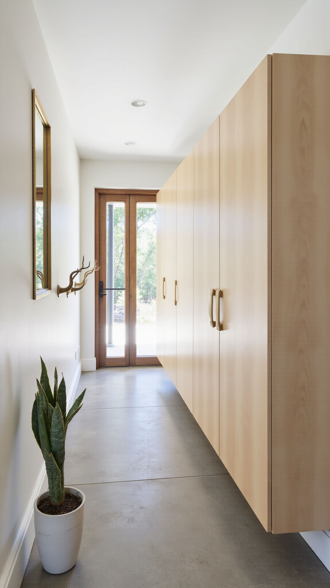 Contemporary sunlit entryway with bleached maple floating cabinet, brass-framed mirror, sculptural coat hooks, warm gray concrete tiles, and potted snake plant.