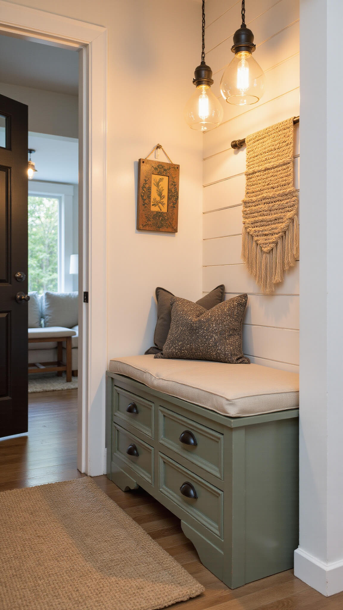 Cozy transitional entryway at dusk with sage green built-in bench, warm pendant lighting, shiplap wall, and natural fiber runner leading to living space.
