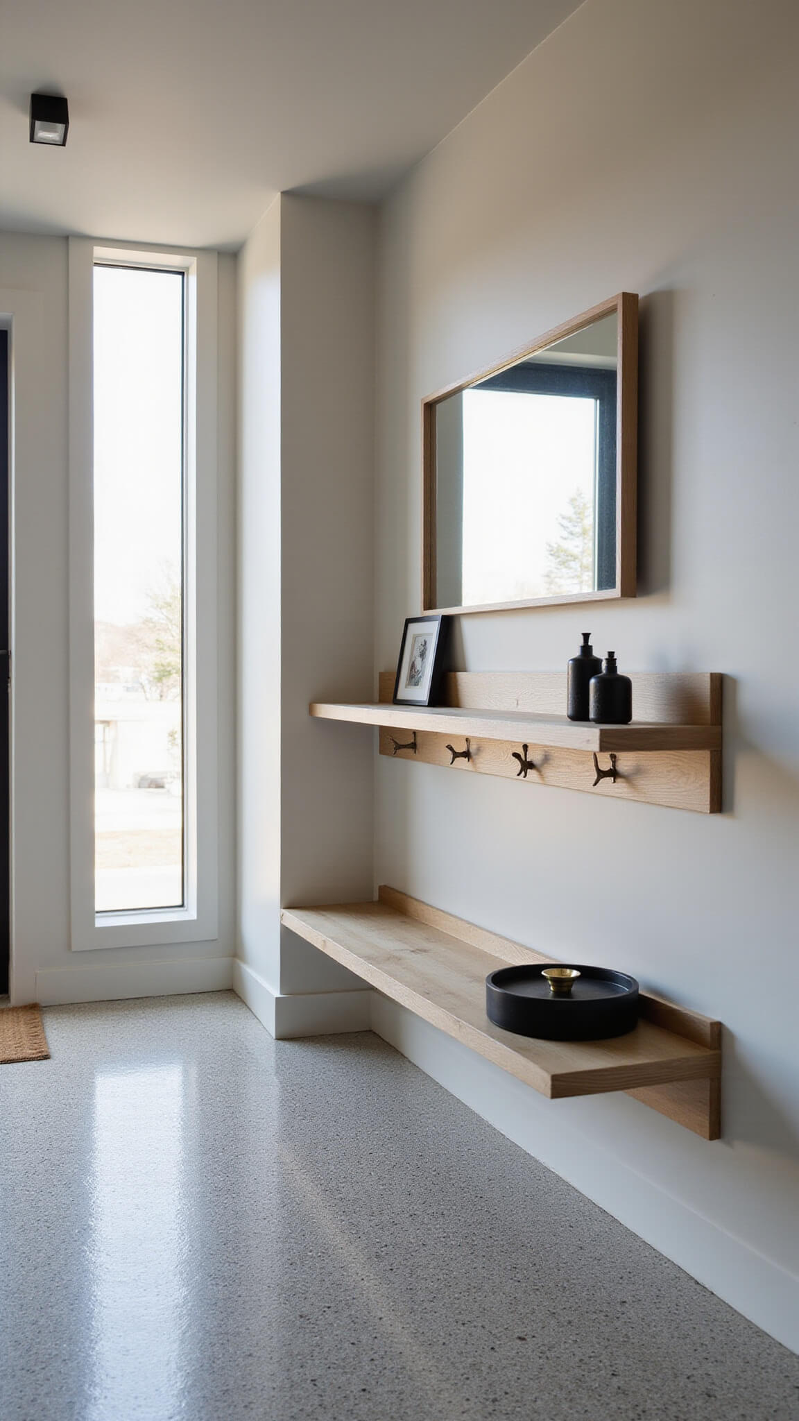 Modern minimal entryway with white oak floating shelf, integrated mirror and hooks, terrazzo flooring, and curated black, white, and brass decor in dramatic afternoon light.