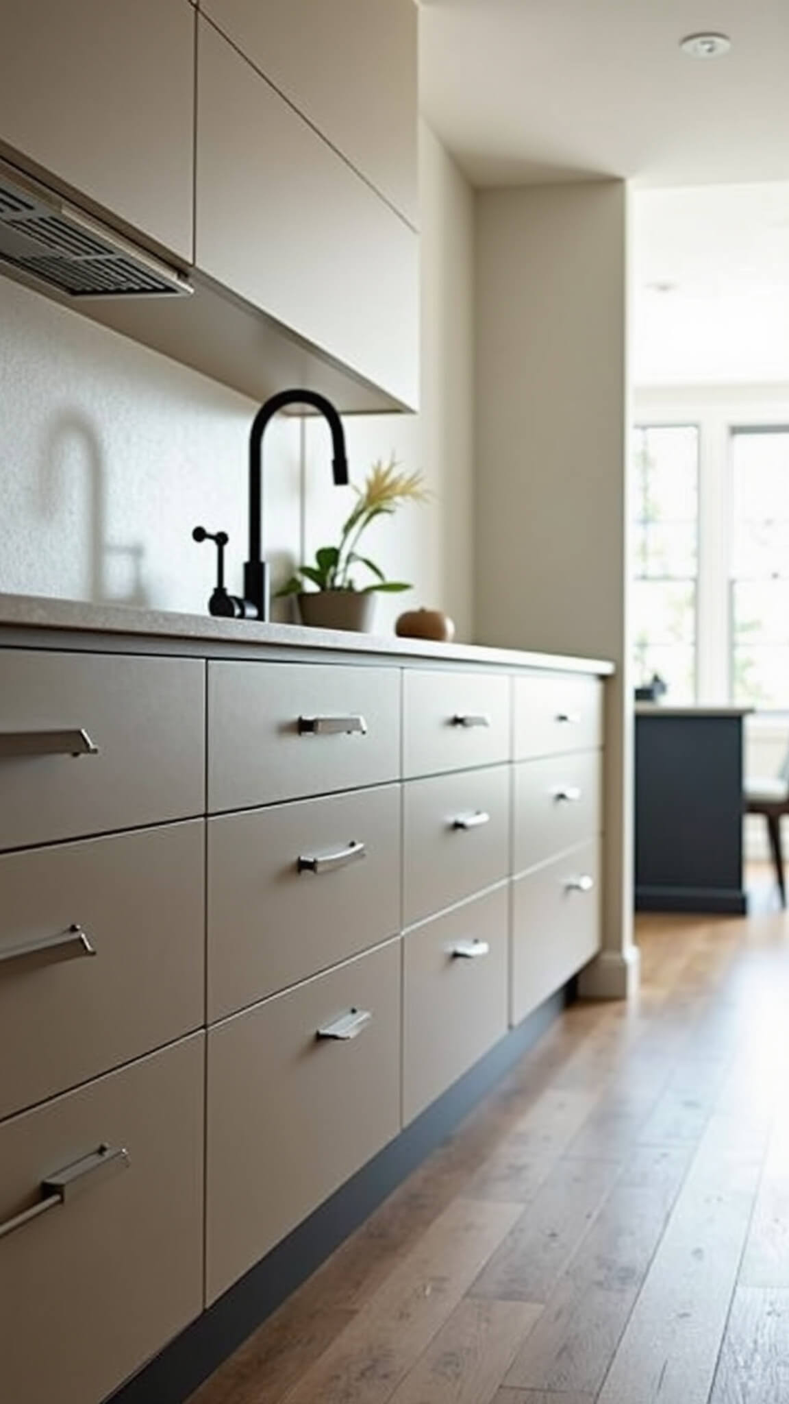Modern minimalist kitchen with beige flat-panel cabinets, white waterfall quartz island, and floor-to-ceiling windows bringing in morning light.