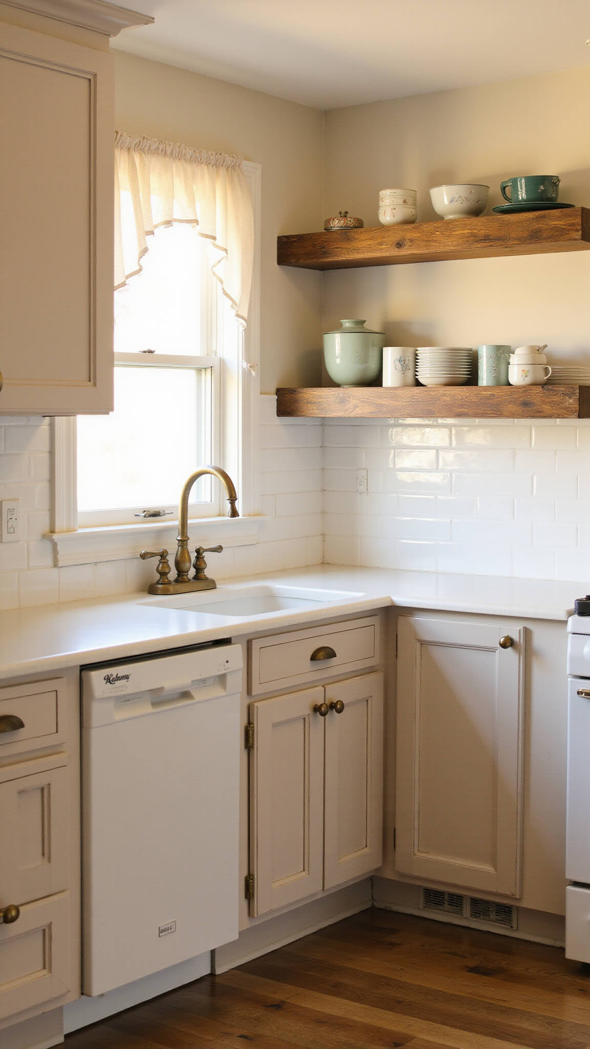 Low-angle view of cozy farmhouse kitchen with beige shaker cabinets, brass hardware, white subway tile backsplash, reclaimed wood shelves, and warm golden hour sunlight filtering through cafe curtains.