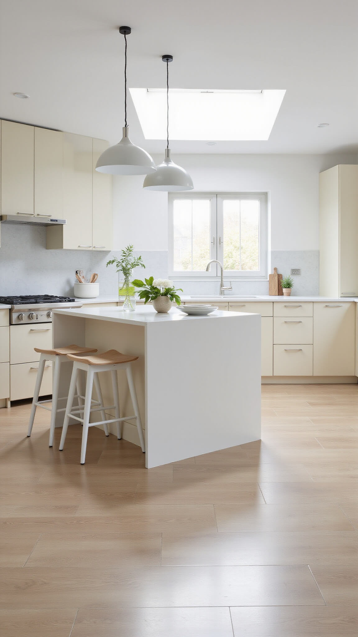 Scandinavian-style kitchen with light beige cabinets, white quartz countertops, pale wood flooring, and white pendant lights above a central island.
