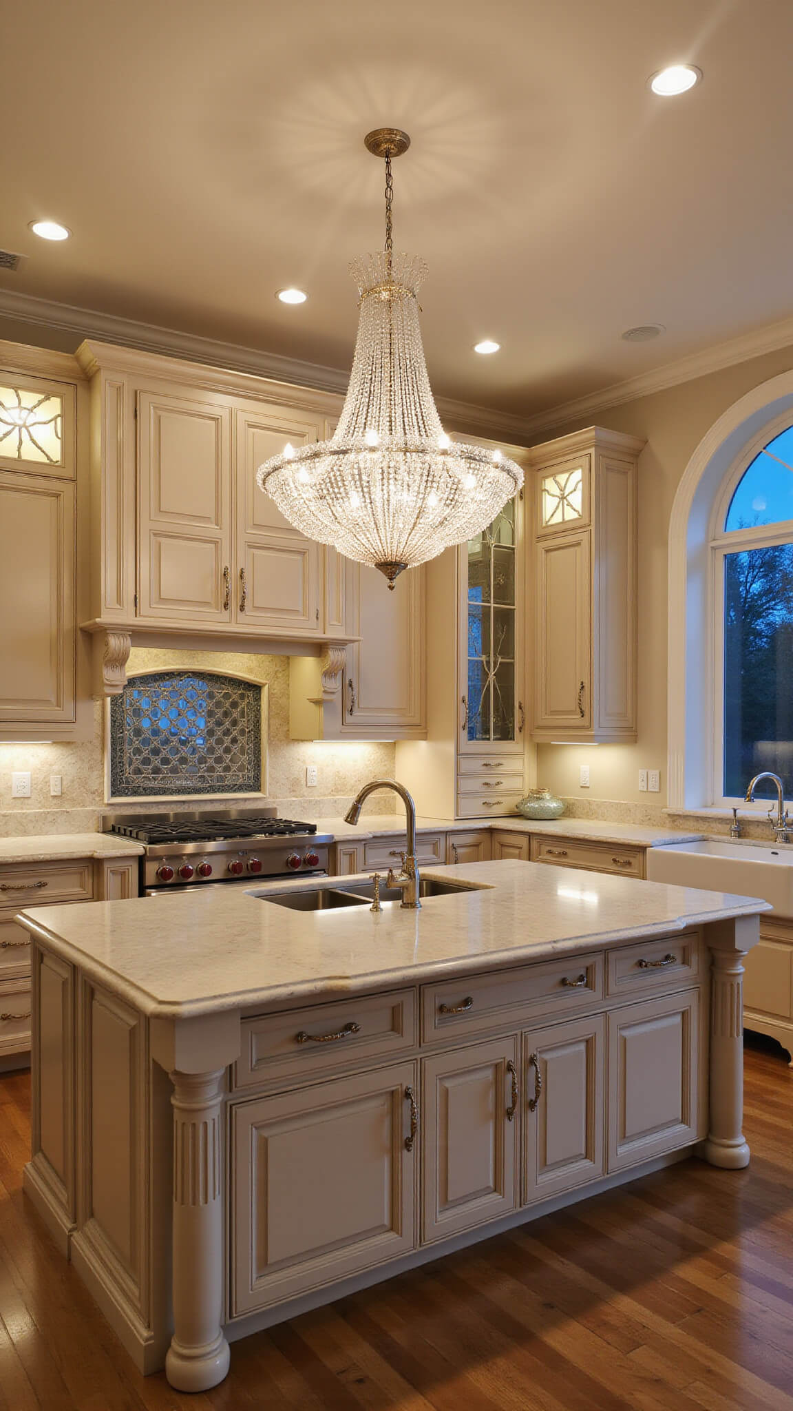Elegant 22x16ft kitchen with beige raised-panel cabinets, crystal chandelier, marble island, and mirrored backsplash during blue hour.