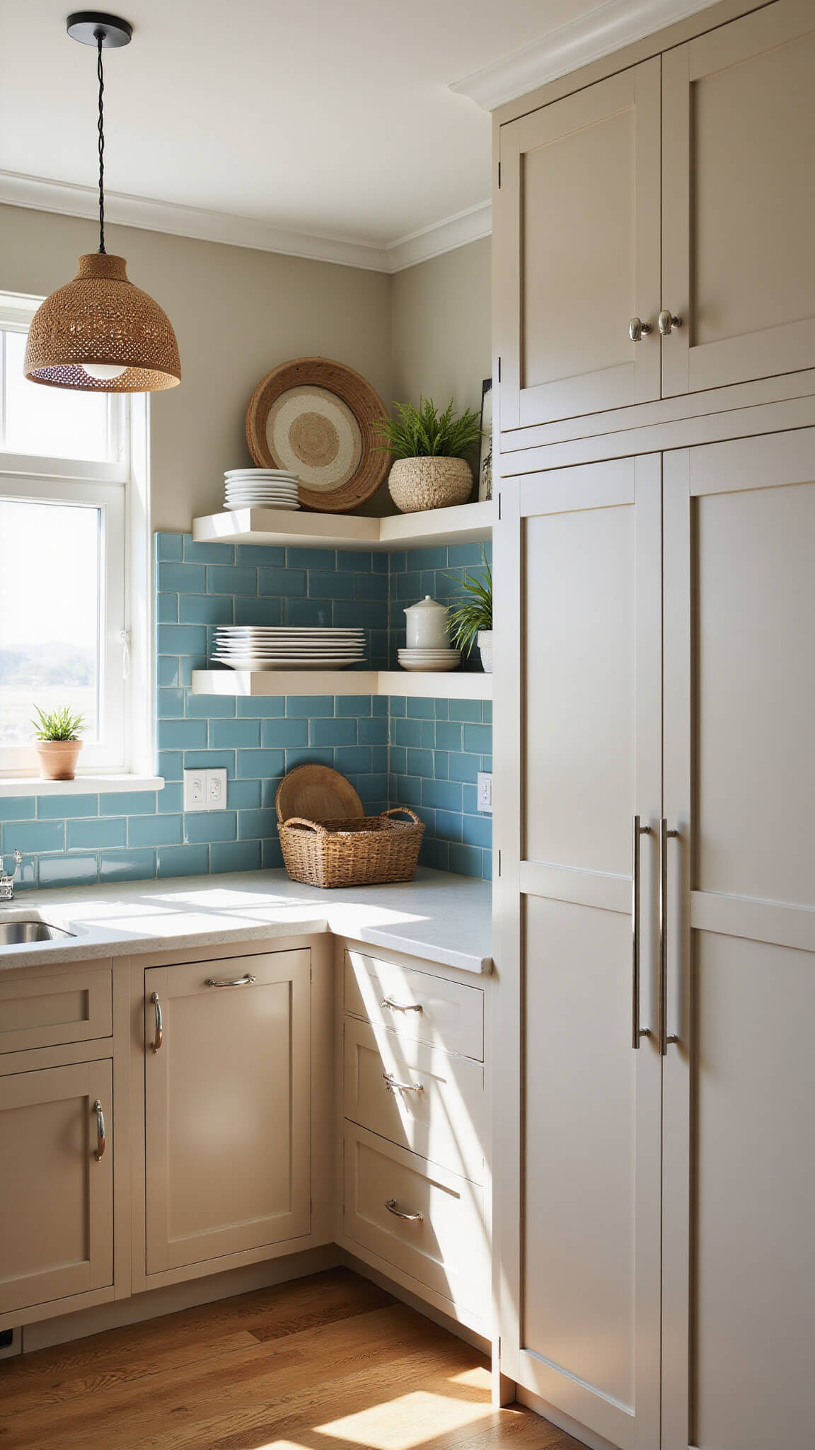 Coastal contemporary kitchen with beige cabinets, blue glass tile backsplash, white oak shelves, and rattan pendant lights in late afternoon light.