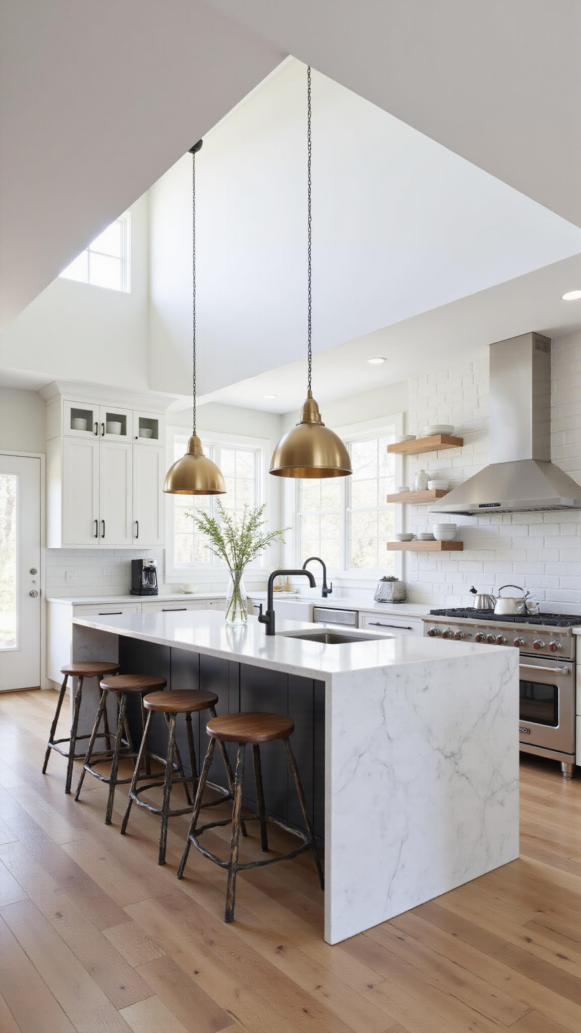 Modern white shaker kitchen with marble waterfall island, brass pendants, and floor-to-ceiling windows.