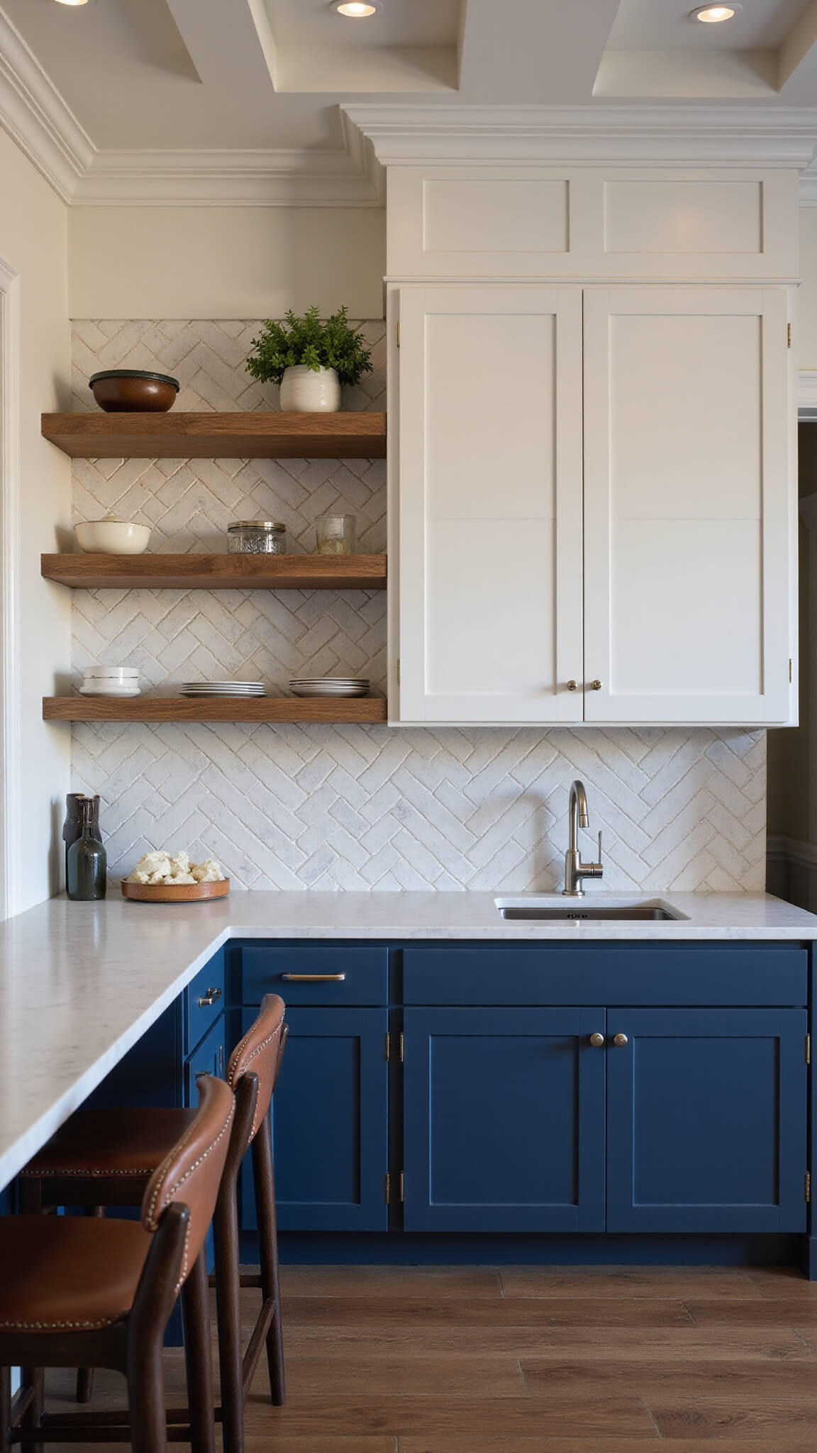 Early evening kitchen with navy and white cabinetry, marble herringbone backsplash, coffered ceiling, and warm lighting highlighting mixed textures.