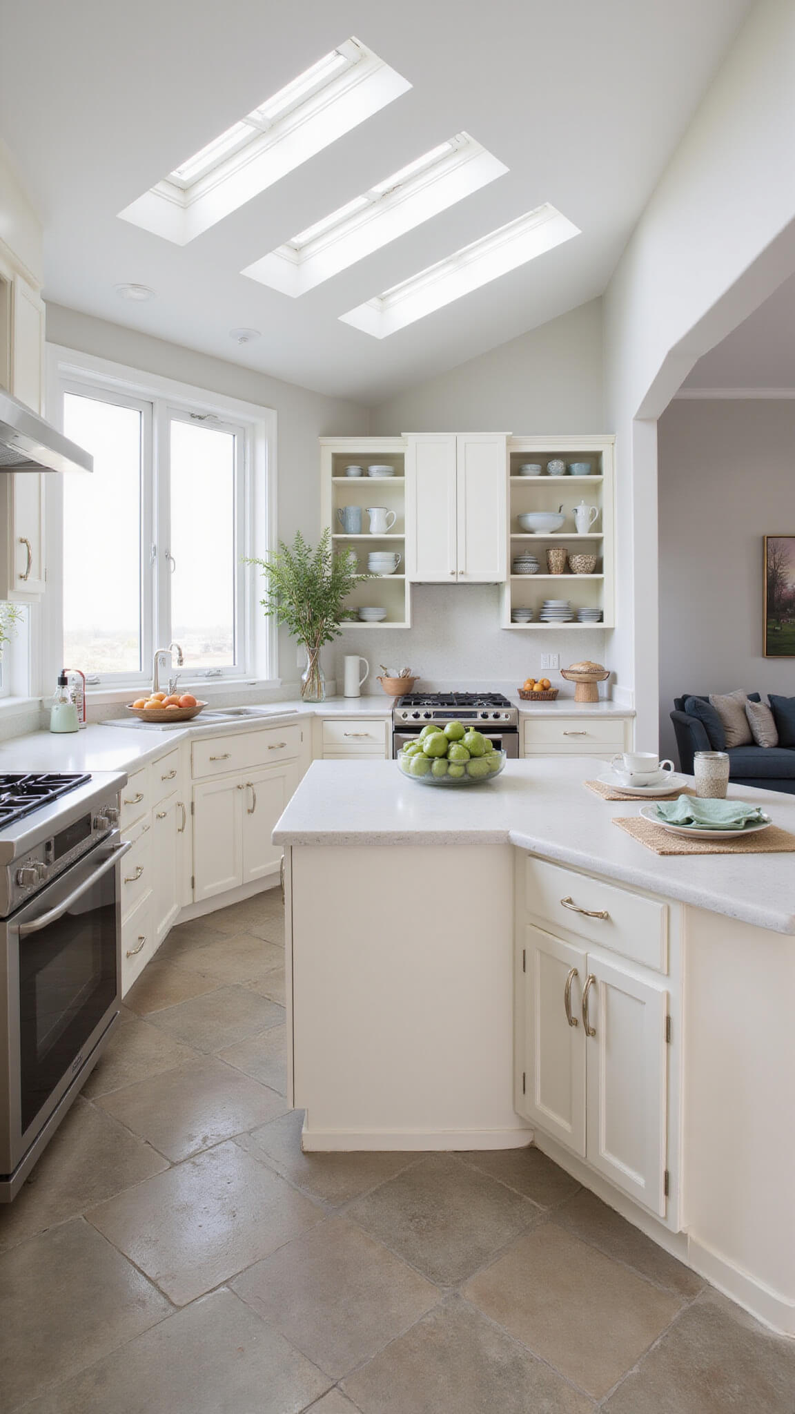 Open-concept 16x20ft kitchen with warm white cabinets, geometric tile flooring, glass-front uppers, and morning light streaming through skylights.