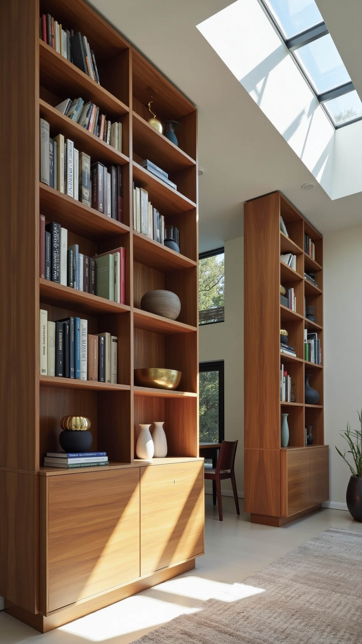Open-concept living space divided by tall walnut bookshelf with books and modern decor, viewed from dining area toward sunlit living room.