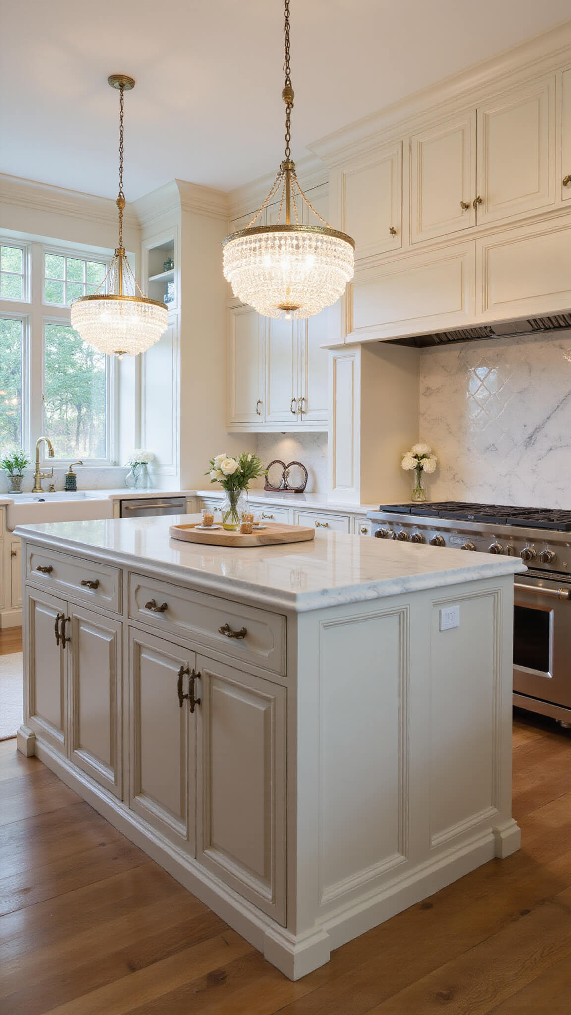 Elegant kitchen with ivory inset cabinets, Calacatta marble counters, and crystal chandelier over a furniture-style island, lit at dusk with professional lighting.