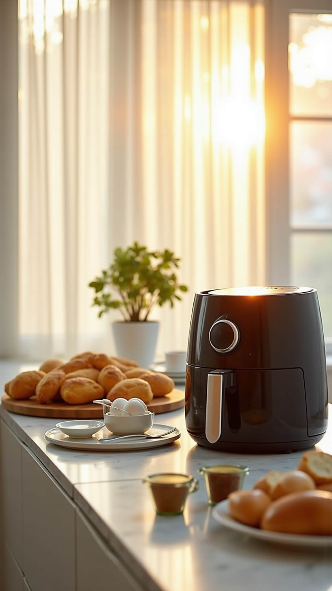 Modern kitchen at sunrise with air fryer on marble counter, surrounded by brioche bread, eggs, milk, and spices in warm, minimalist setting.