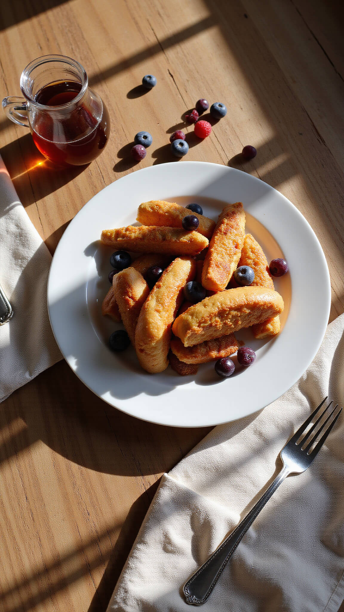 Overhead view of a rustic wooden table with French toast sticks on a white plate, fresh berries, maple syrup in a glass pitcher, beige linen napkins, and antique silverware in soft morning light.