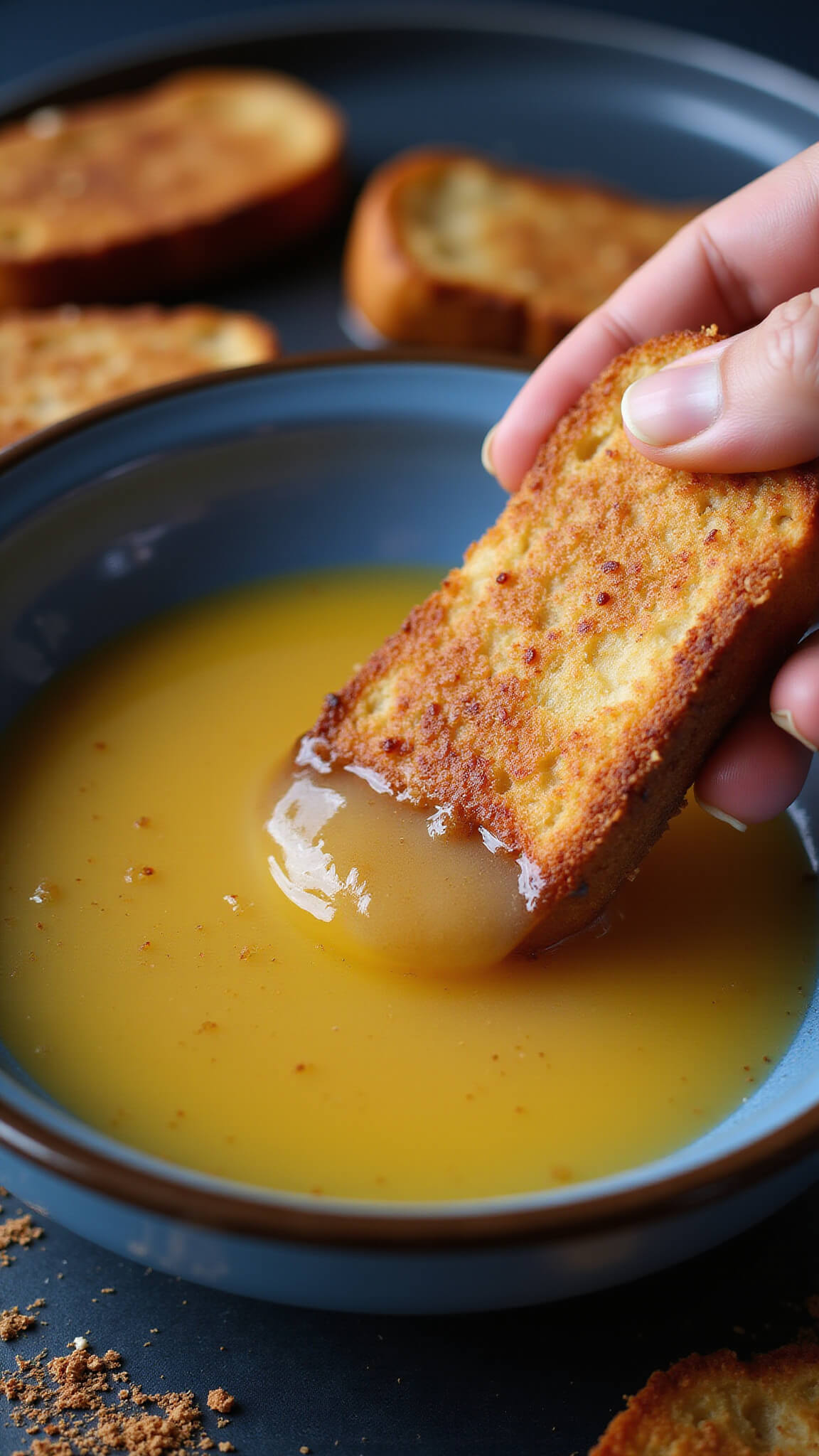 French toast stick being dipped into egg mixture in blue bowl, with droplets mid-air, cinnamon and sugar scattered nearby.
