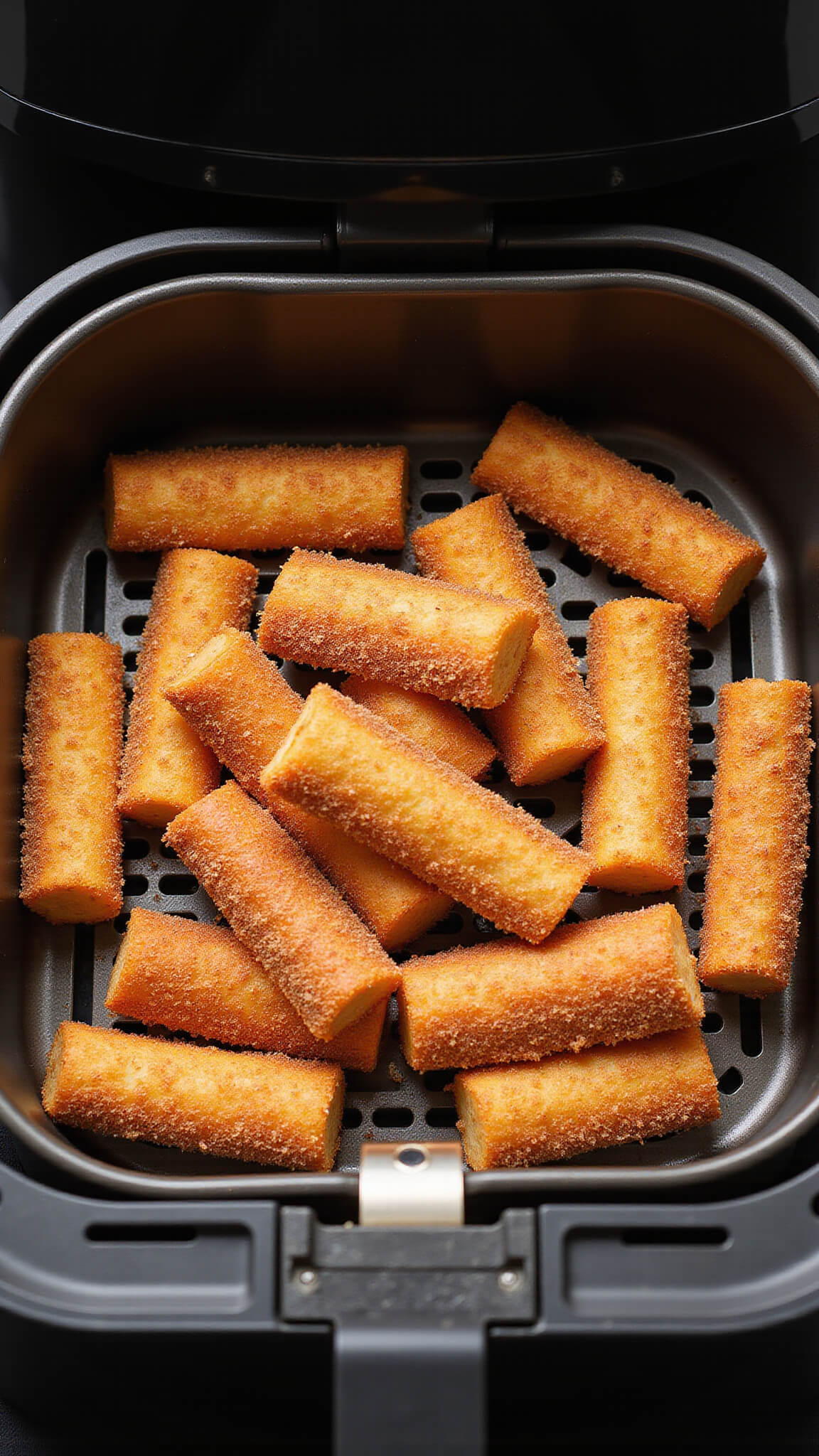 Close-up of French toast sticks with cinnamon-sugar coating inside an illuminated air fryer basket, showing crispy texture and caramelization.