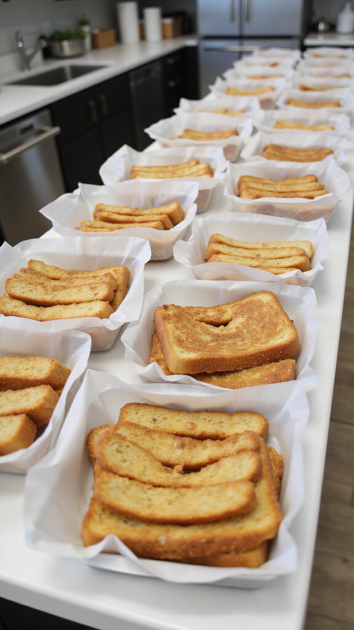Rows of French toast sticks arranged in clear containers with parchment paper and labels, in a modern kitchen with bright lighting.