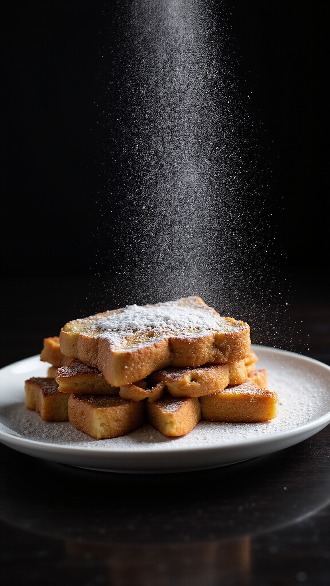 Powdered sugar falling like snow over golden-brown French toast sticks under dramatic spotlight.