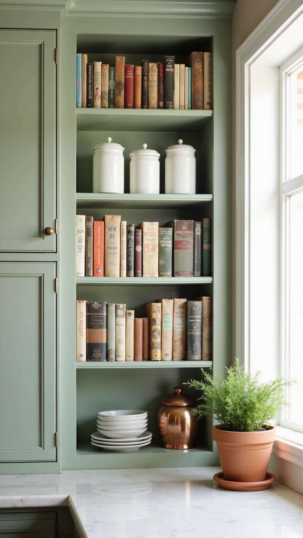 Cozy sage green kitchen reading nook with glass cabinet cookbook shelves, vintage color-organized cookbooks, copper tools, white canisters, marble counter, and soft morning light through cafe curtains.