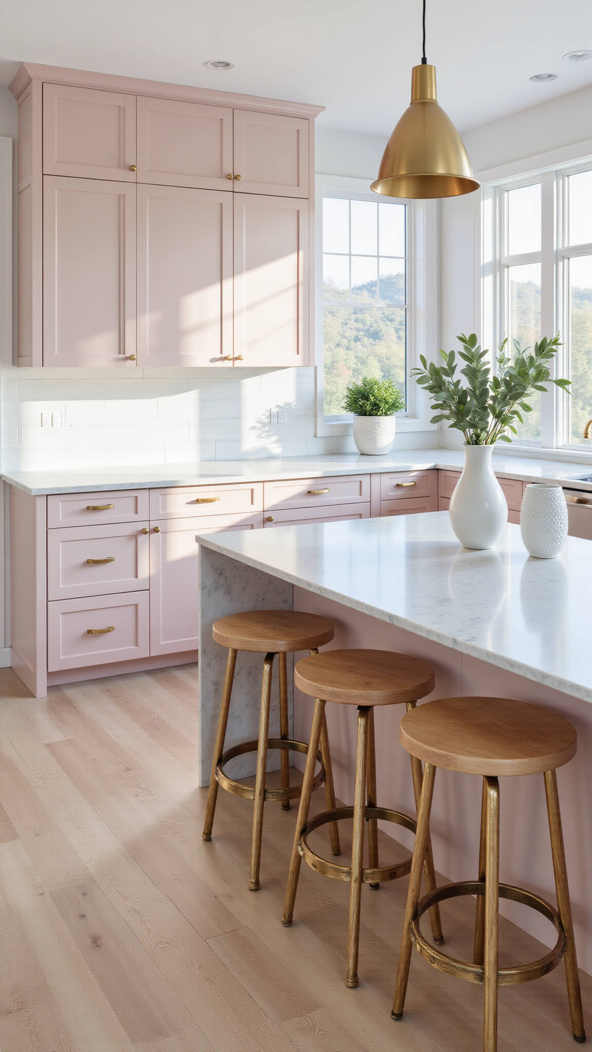 Contemporary kitchen with blush pink floor-to-ceiling cabinets, white marble countertops, and brass accents, bathed in morning sunlight.