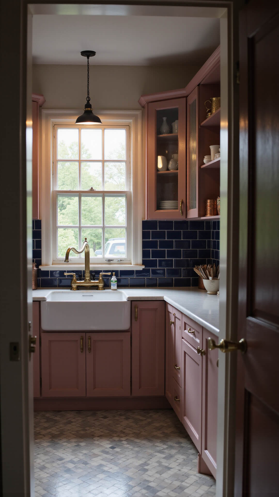 Vintage-style 10x12 kitchen with dusty rose cabinets, navy tile backsplash, brass fixtures, checkerboard floor, and warm pendant lighting.