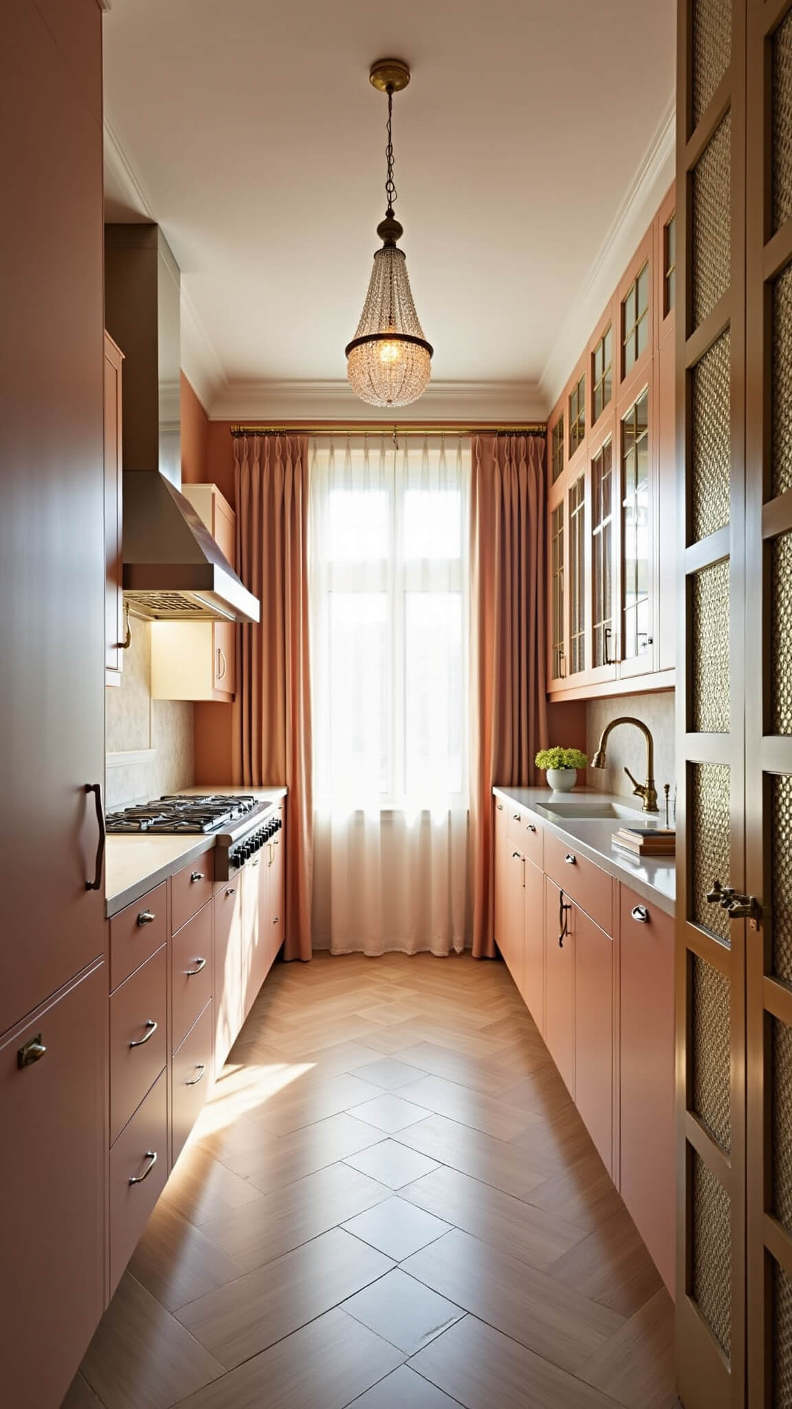 Galley kitchen with salmon pink cabinets, brass mesh inserts, white marble backsplash, crystal chandelier, antique mirror panels, herringbone wood floors, and golden hour lighting.