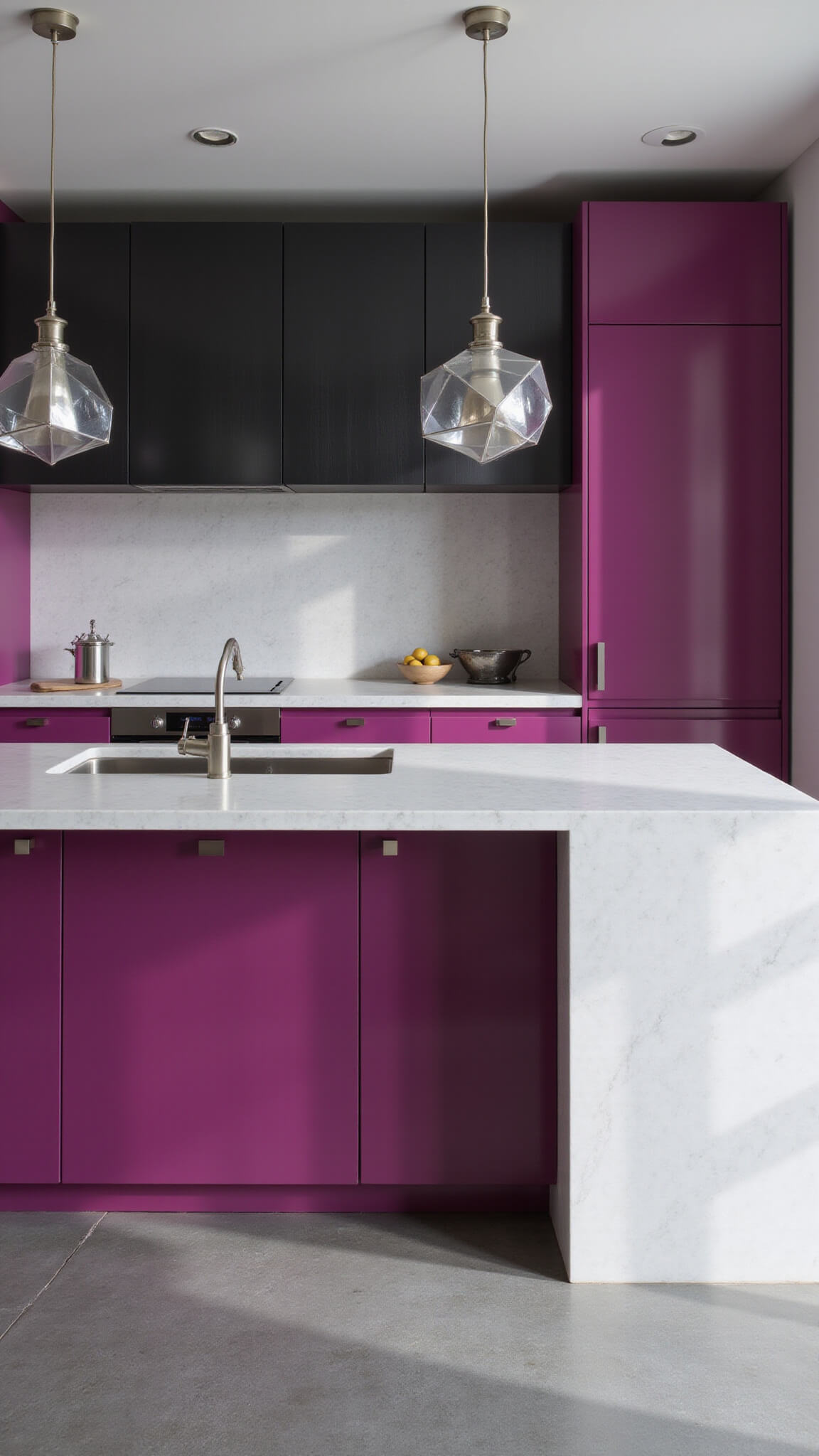 Bold contemporary kitchen with magenta lower cabinets, matte black uppers, white waterfall quartz island, geometric pendant lights, and grey floor tiles.