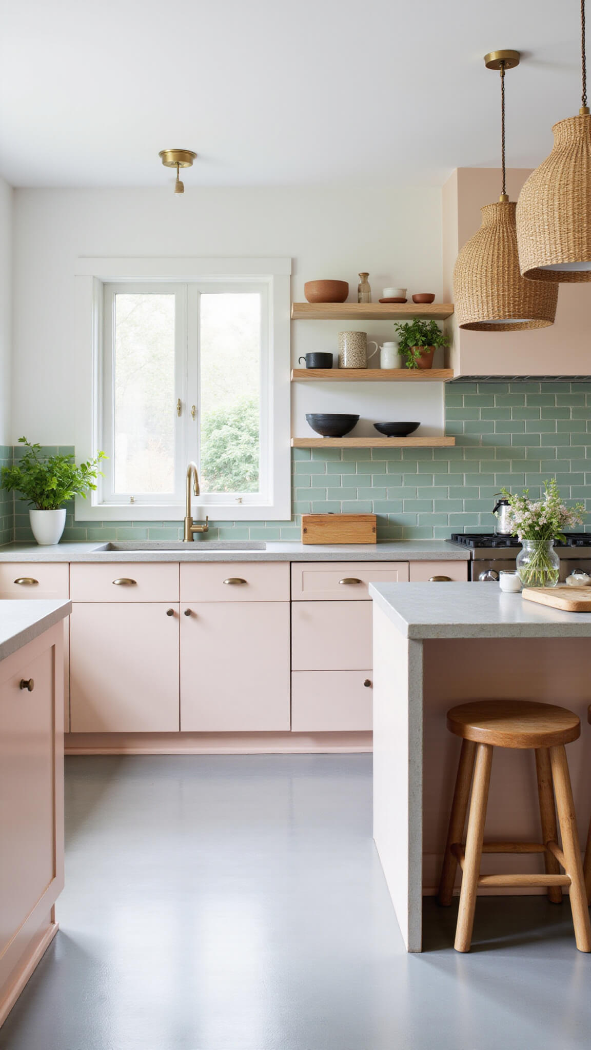 Scandinavian-style 11x13ft kitchen with pale pink IKEA cabinets, sage green tile backsplash, rattan pendant lights, white oak open shelves, concrete countertops, pale grey floors, and floating breakfast bar with bentwood stools, bathed in soft natural light.