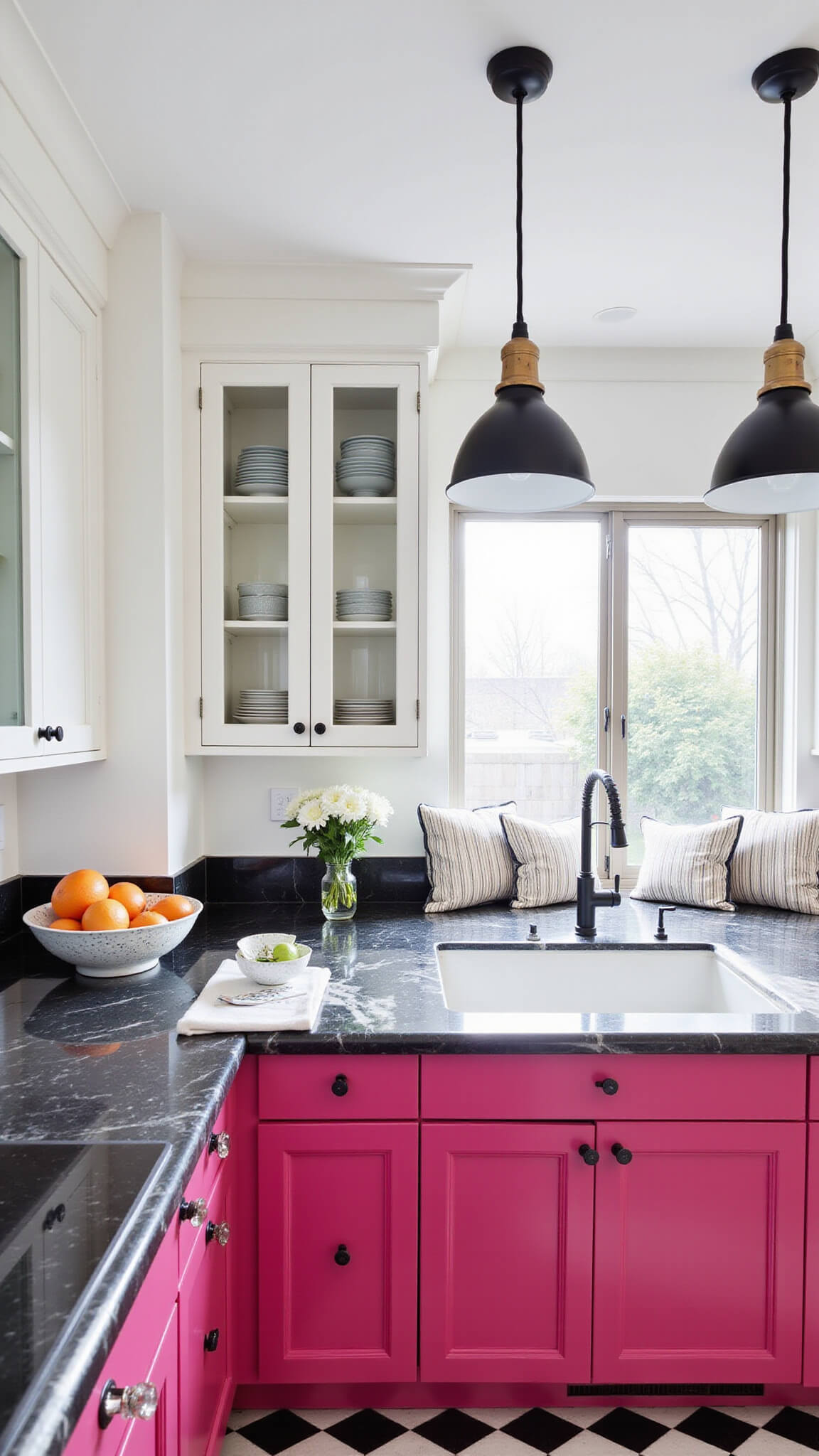 Classic-meets-modern kitchen with hot pink lower cabinets, white Shaker uppers, black granite countertops, white marble backsplash, and checkered black-and-white floor.