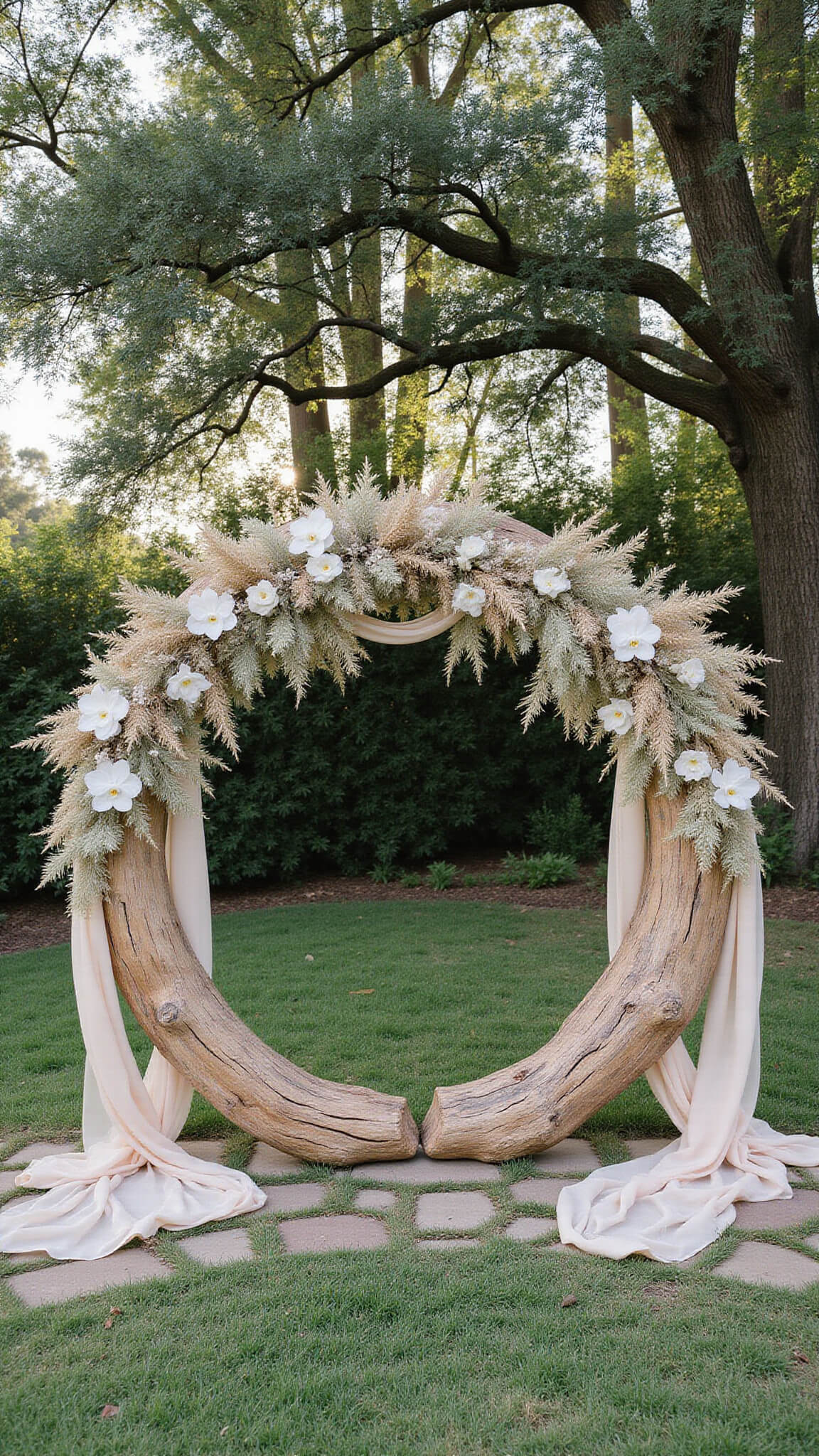 Intimate garden ceremony with driftwood moongate arch adorned in pampas grass, orchids, and chiffon, lit by dappled afternoon sun.