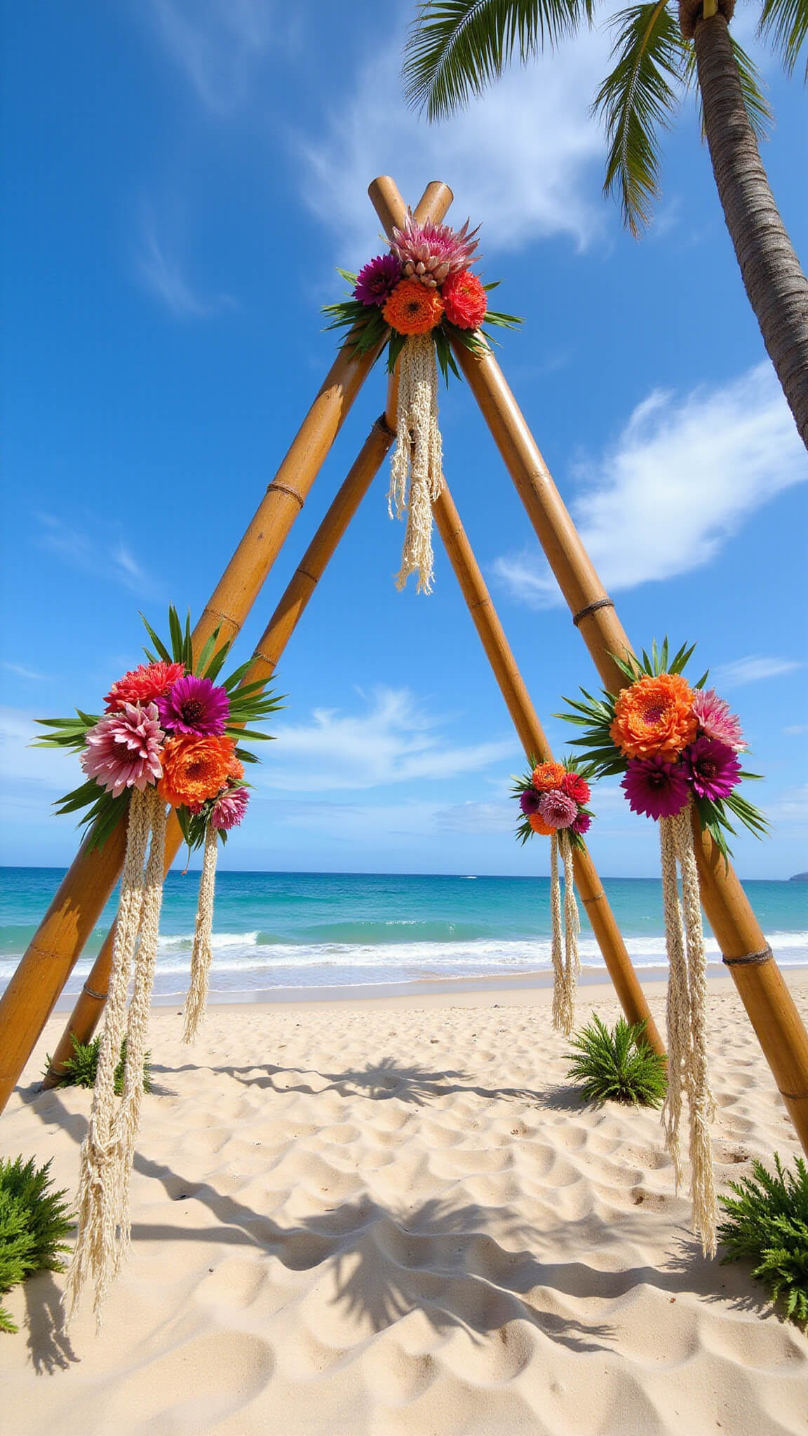 Low-angle view of a tall triangular bamboo arch on a tropical beach, adorned with a gradient of vibrant flowers, king proteas, birds of paradise, and macramé accents, under bright midday sun with dramatic lighting.